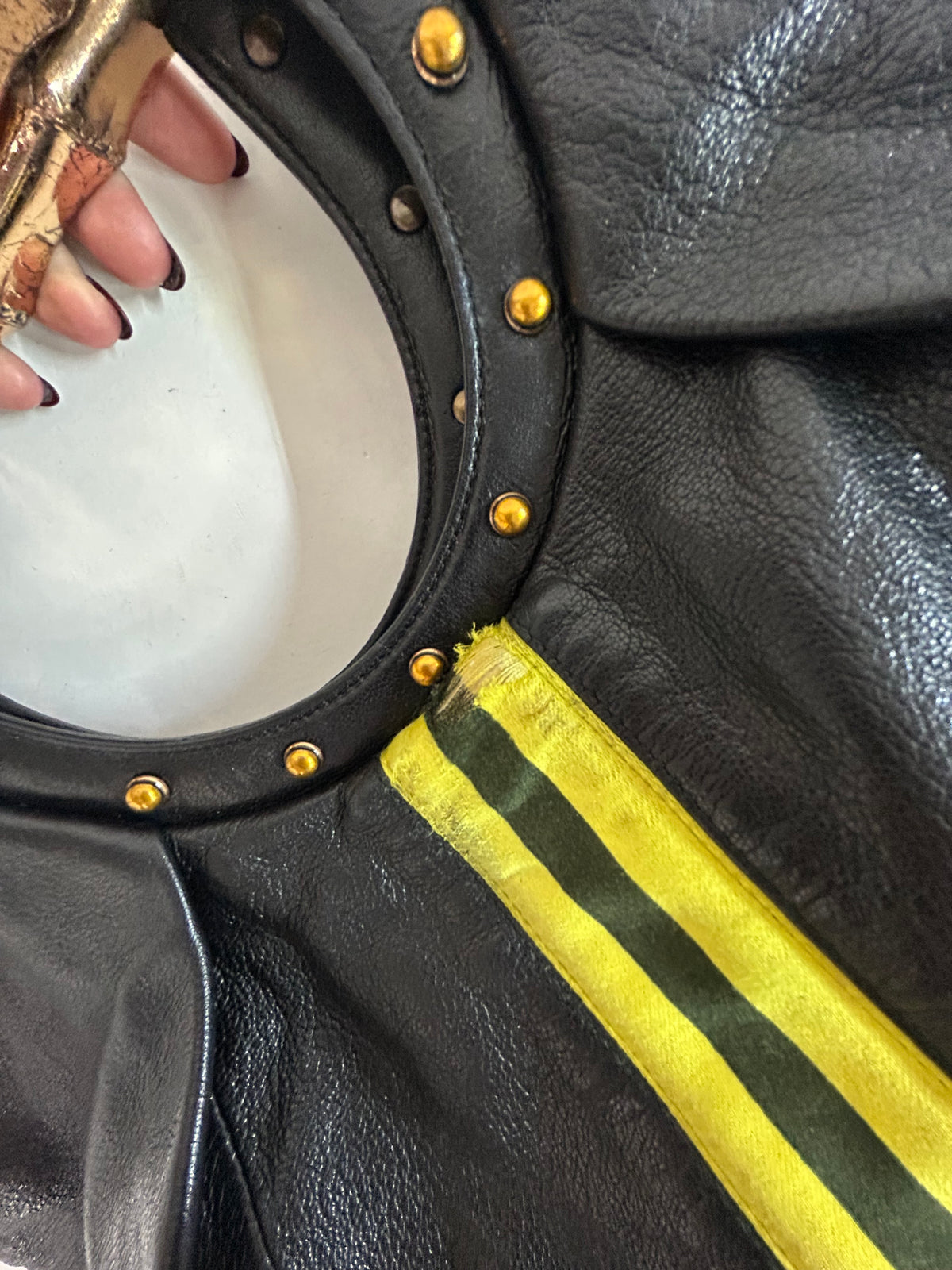Gucci Black Yellow Striped Bamboo Handle Bag