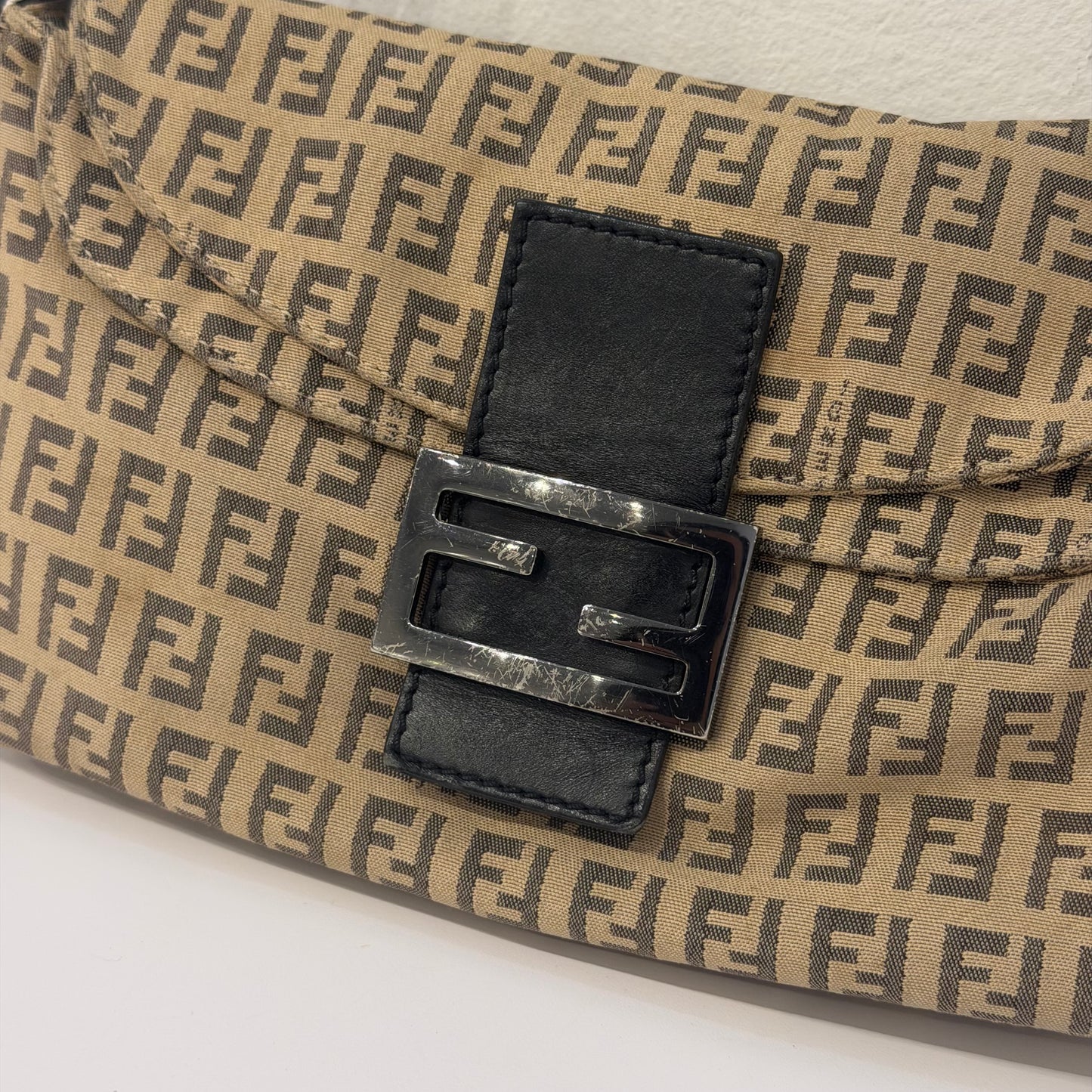 Fendi Brown Zucchino Canvas Rounded Double Flap Baguette