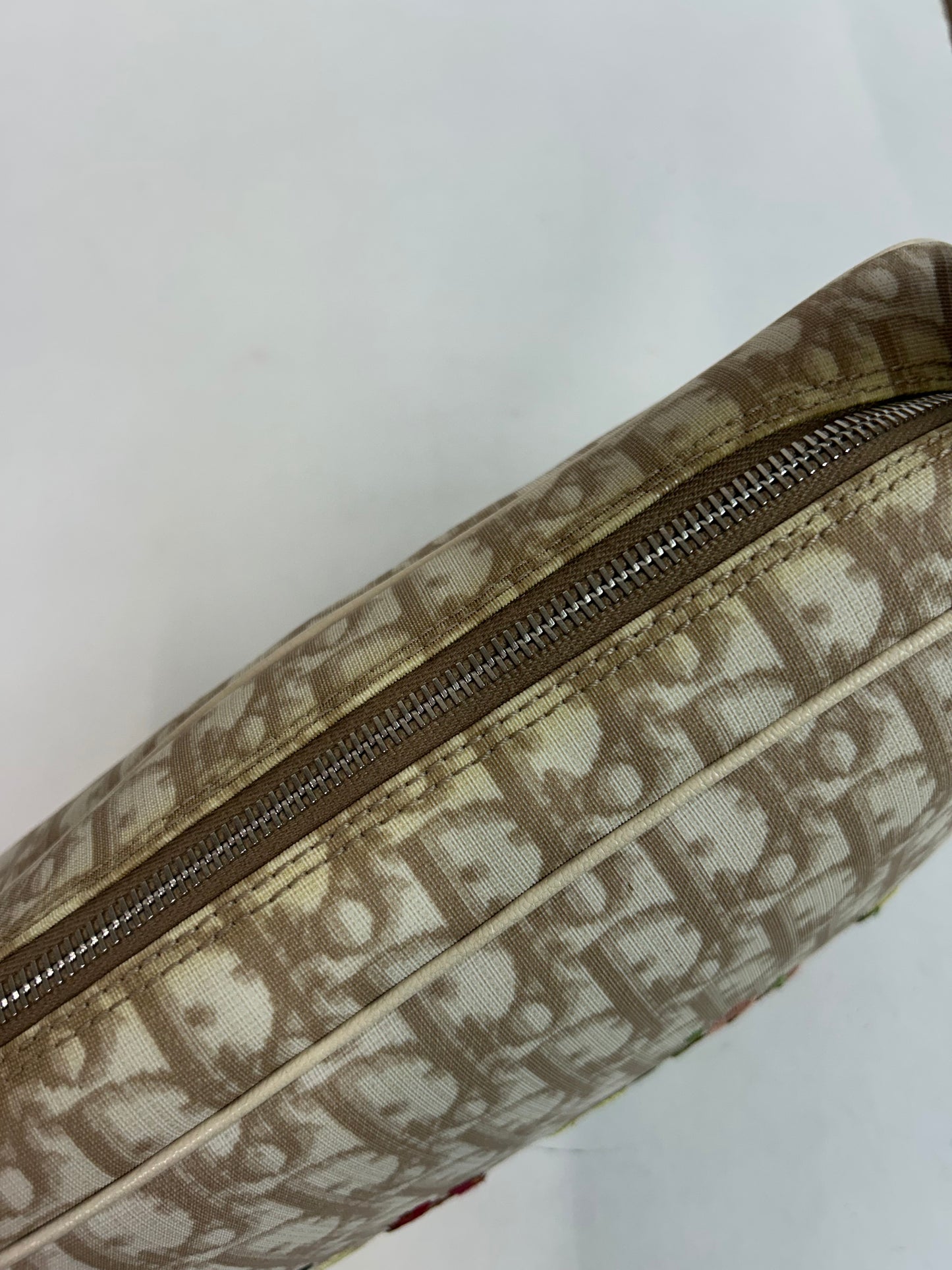Christian Dior Cream Coated Canvas Trotter Monogram Embroidered Floral Shoulder Bag
