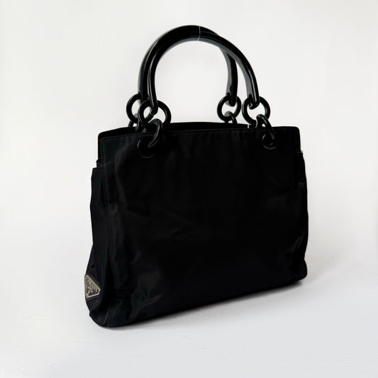 Prada Black Nylon Black Acrylic Handle Tote Bag