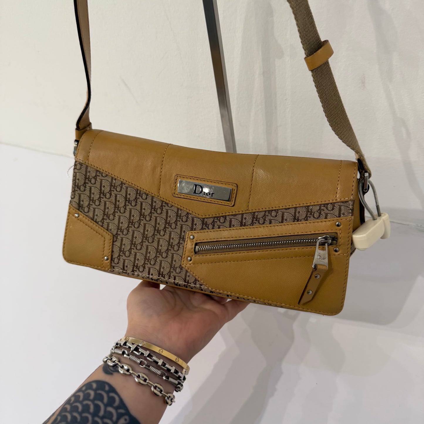 Christian Dior Brown Canvas & Leather Oblique Monogram Diorissimo Shoulder Bag
