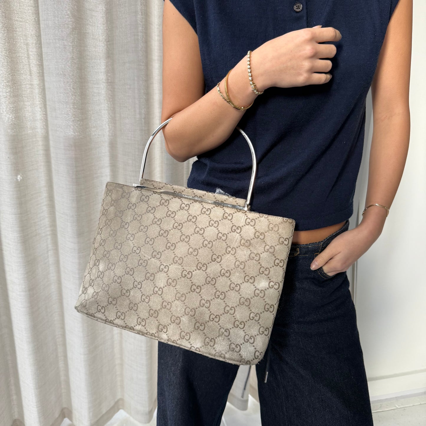 Gucci Beige Suede Monogram SIlver Top Handle Bag