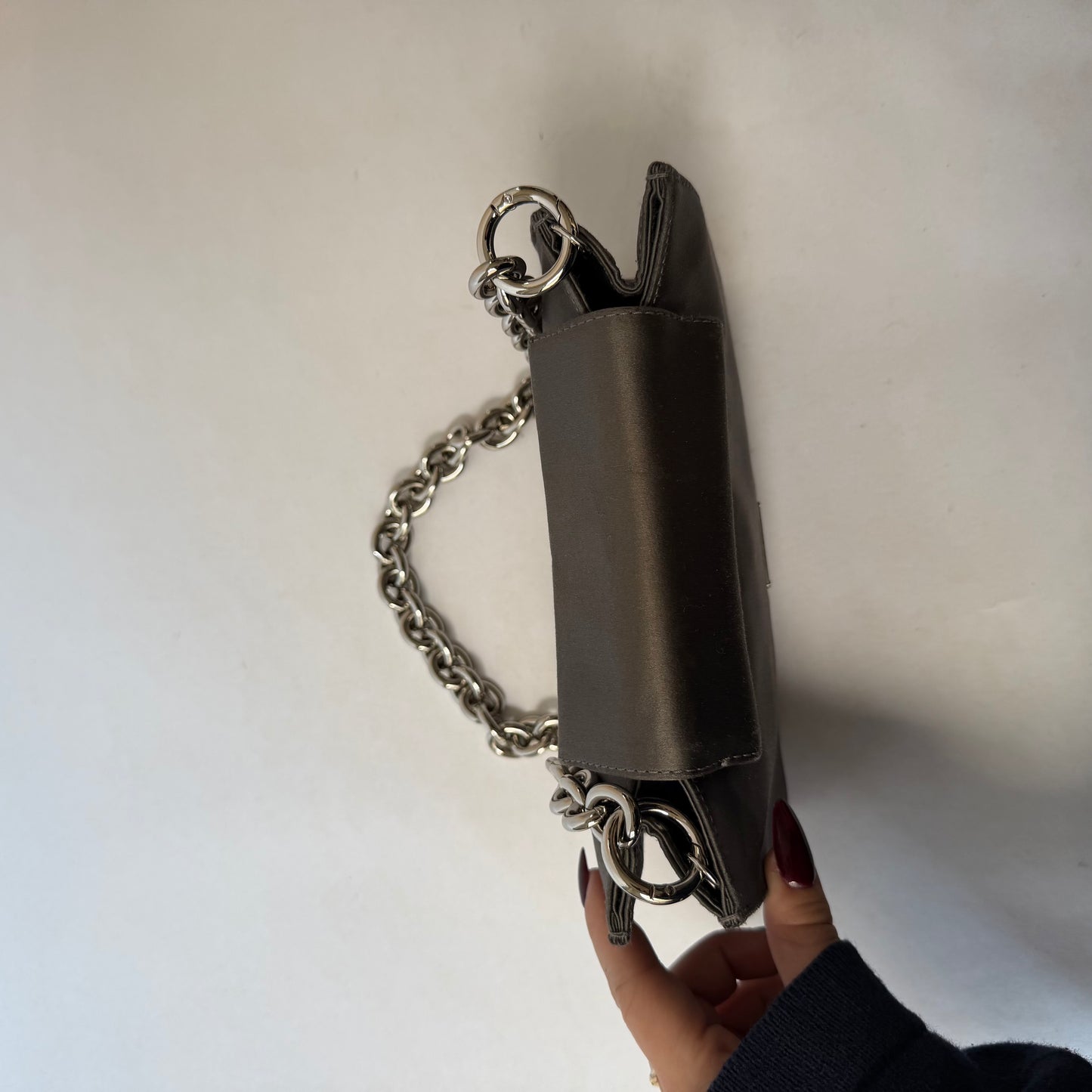 Prada Gray Satin Clutch w/ Chunky Chain Strap