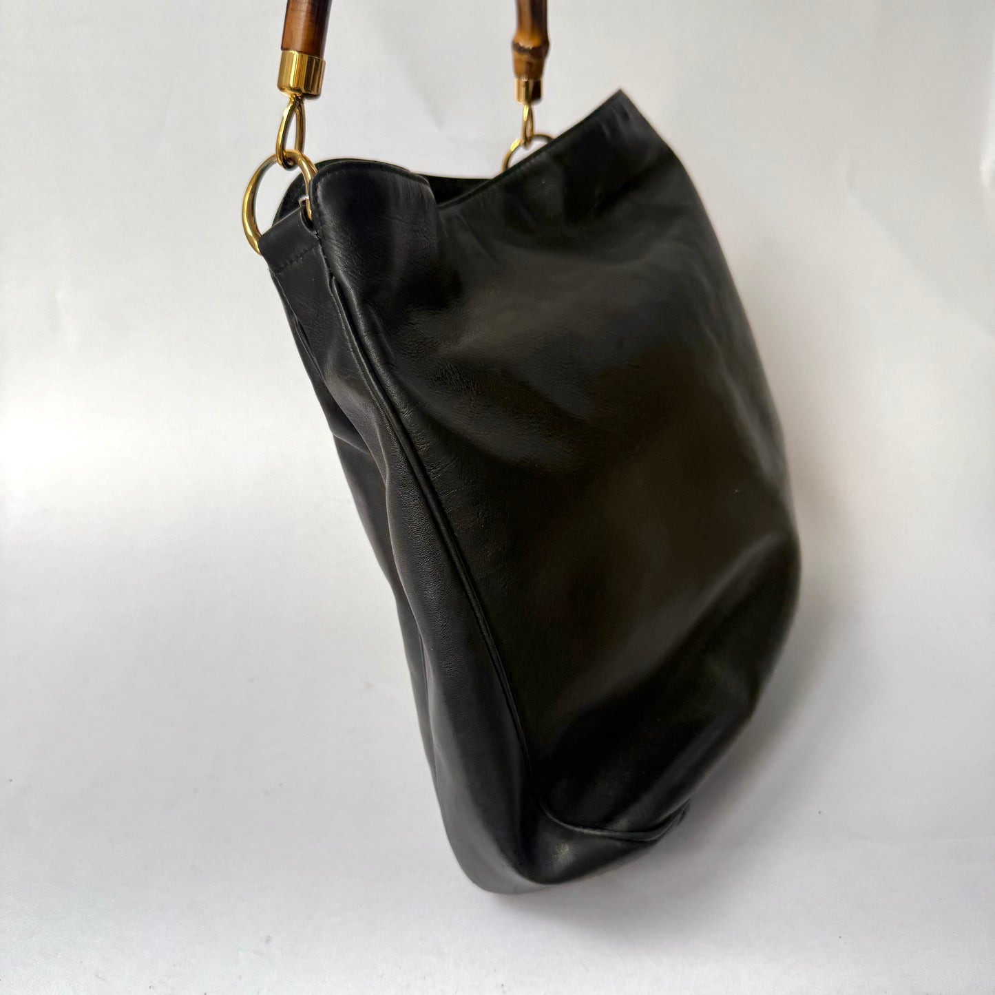 Gucci Black Lambskin Bamboo Handle Shoulder Bag