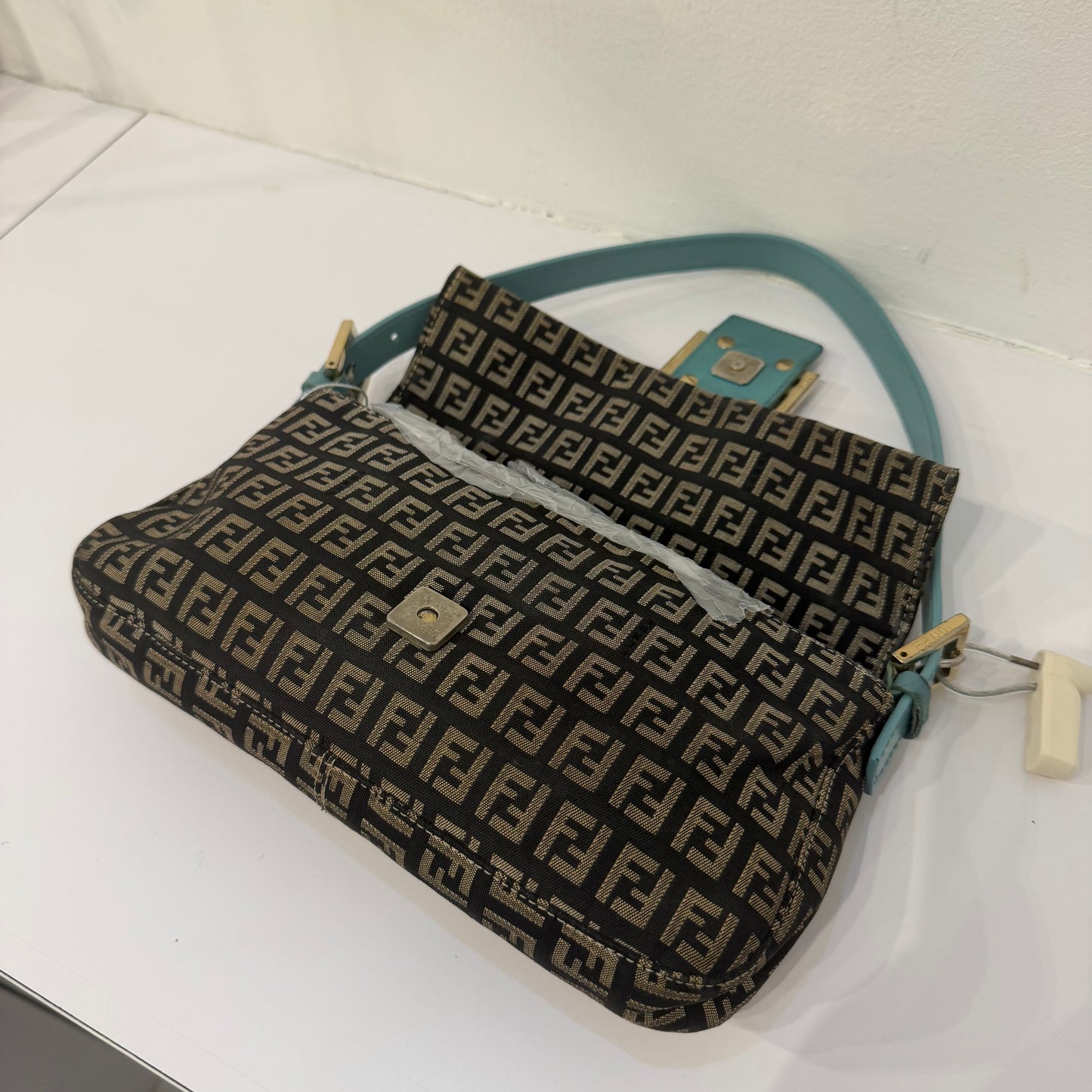 Fendi Black Zucchino Canvas & Teal Leather Baguette Shoulder Bag