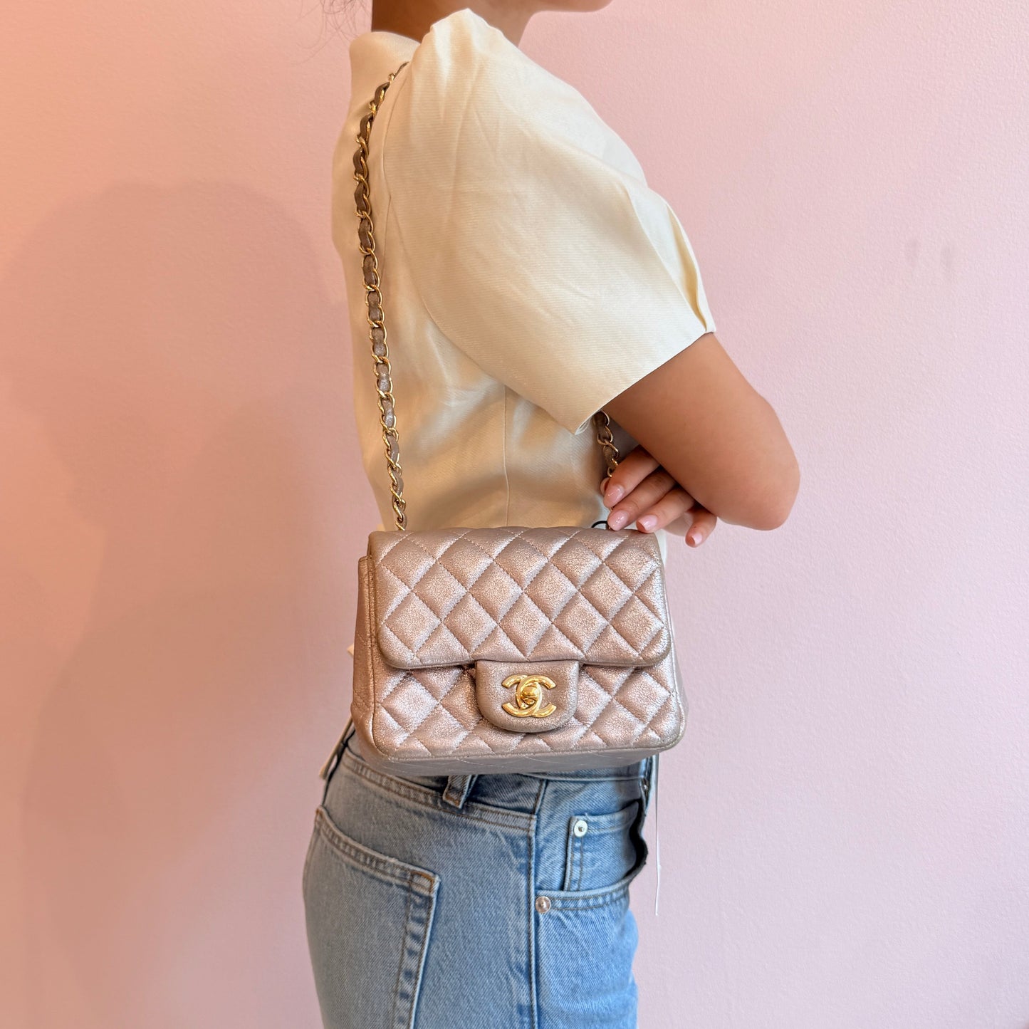 Chanel Rose Pink Lambskin Leather Matelasse Quilted Mini Square Flap