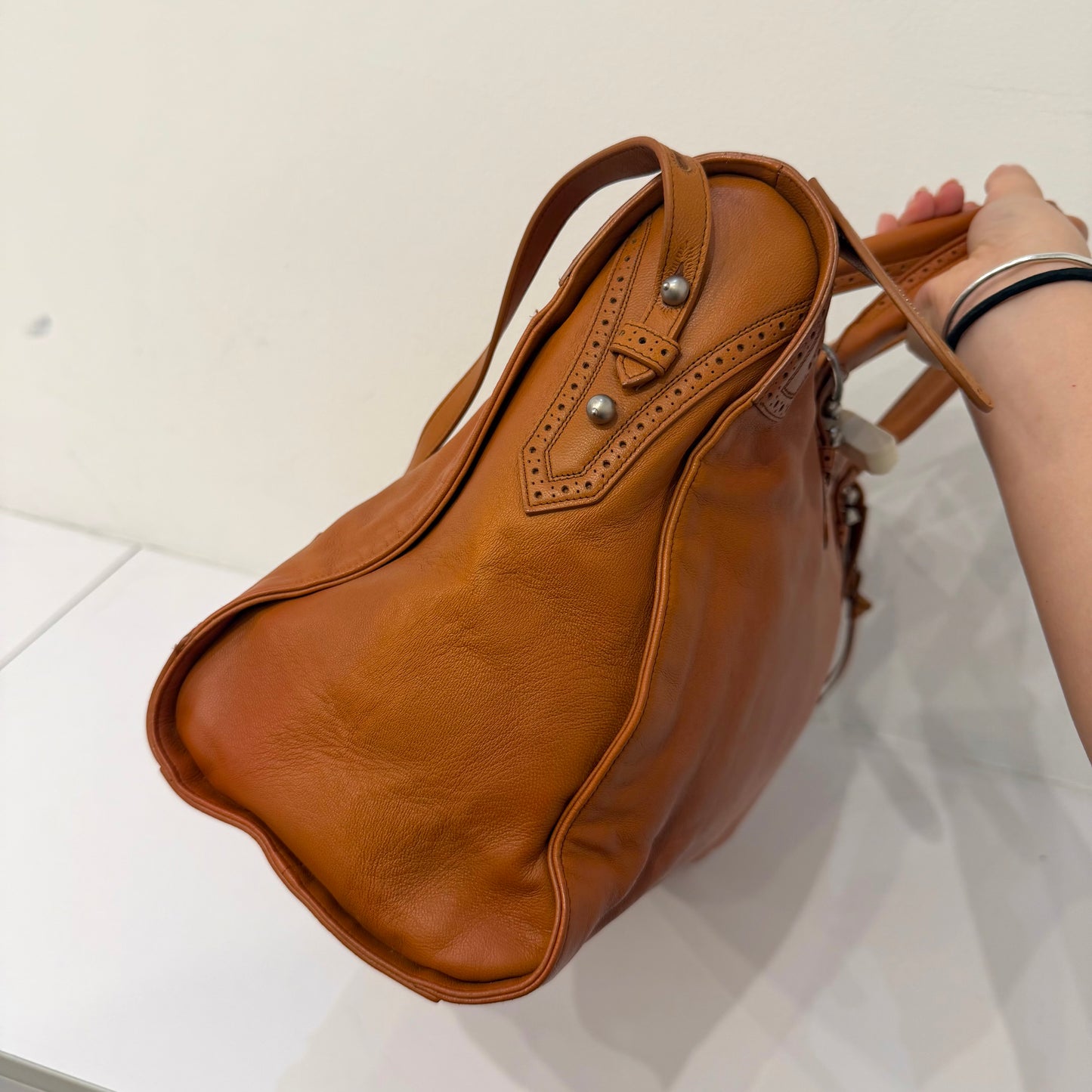 Balenciaga Ltd Edition Congac Lambskin Leather Riva Brogue Trim City Bag
