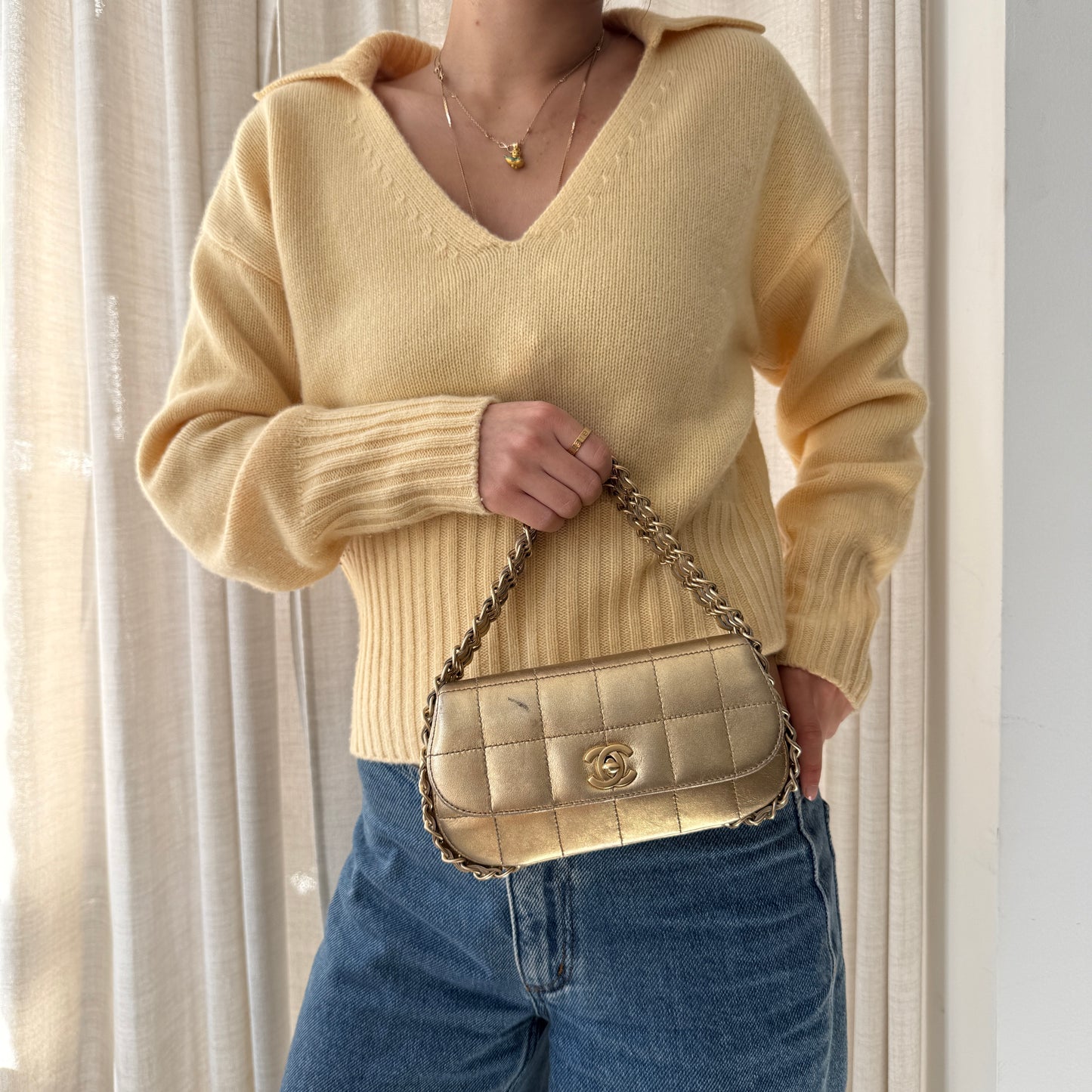 Chanel Mini Gold Metallic Lambskin Leather Chocolate Bar 3 Chain Flap
