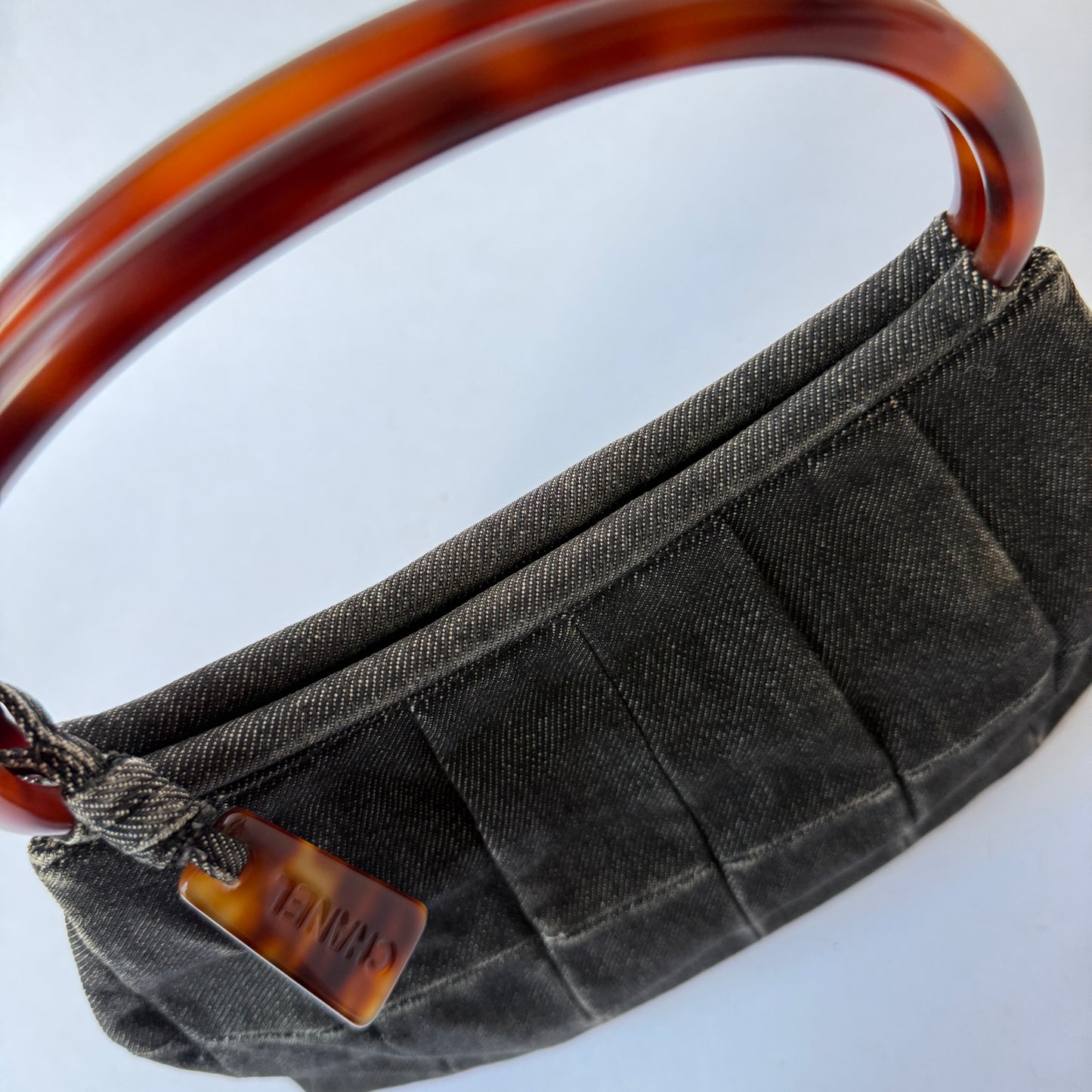 Chanel Black Denim Pleated Tortoise Shell Handle Tote Bag