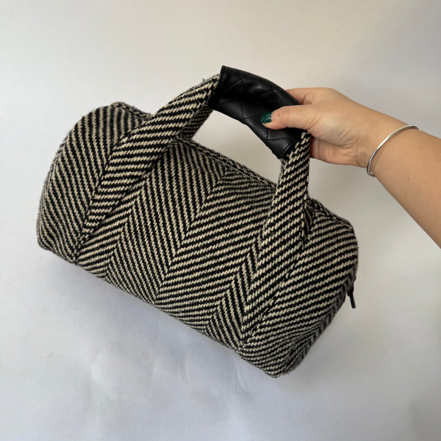 Chanel Black & White Wool Chevron Bowler Bag