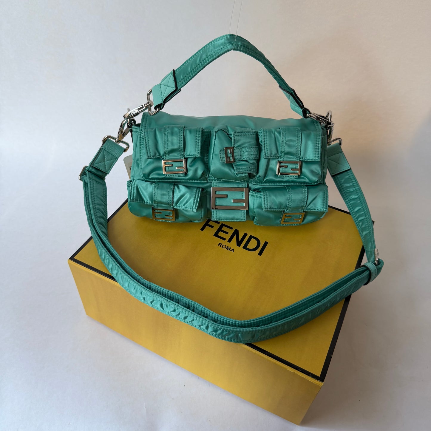 Fendi AW22 Multi Pocket Teal Nylon Baguette