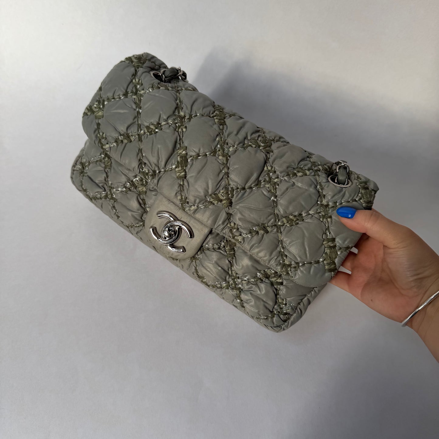 Chanel Gray Nylon Wild Stitch Quilted Flap Shoulder Bag