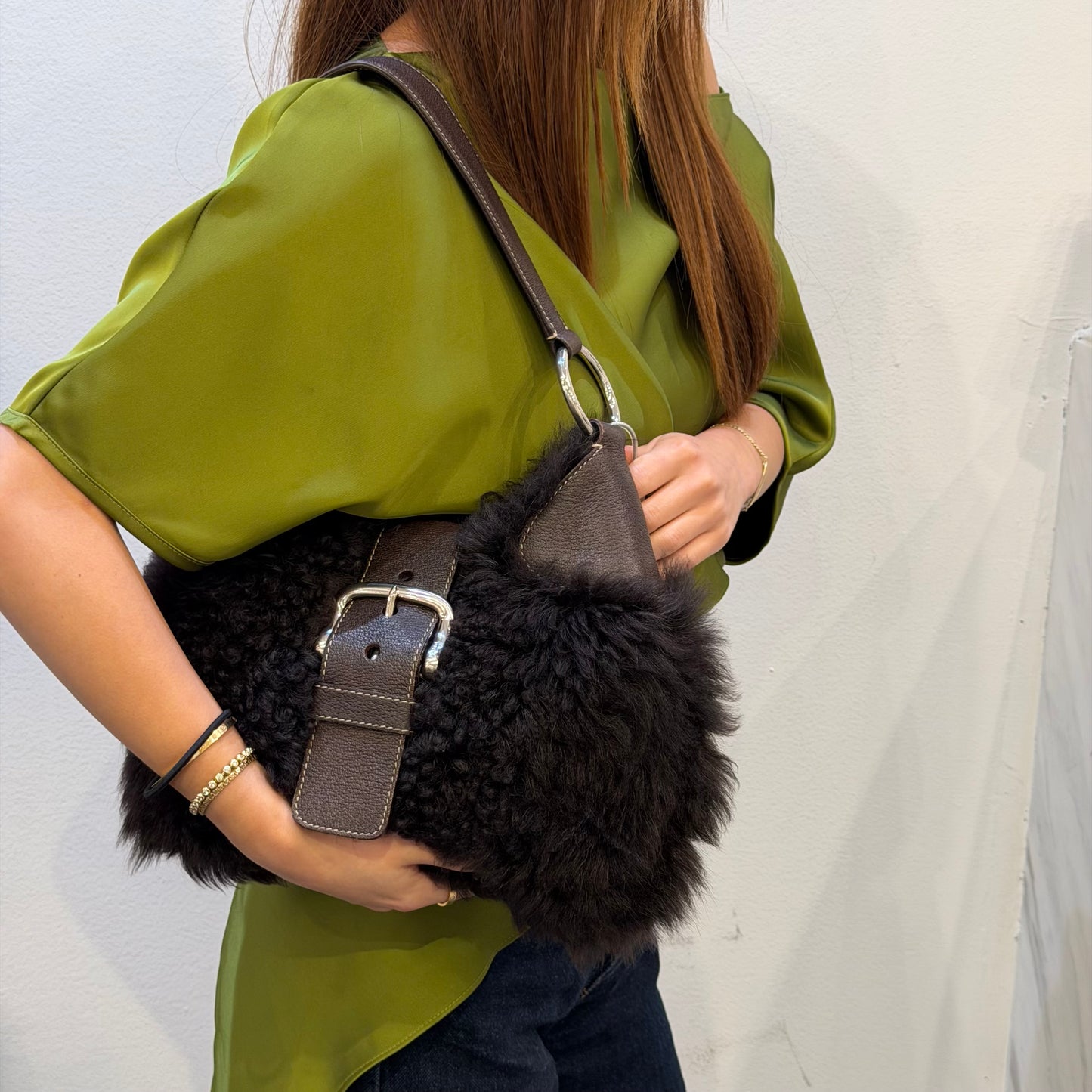 Prada Brown Shearling & Leather Hobo Bag