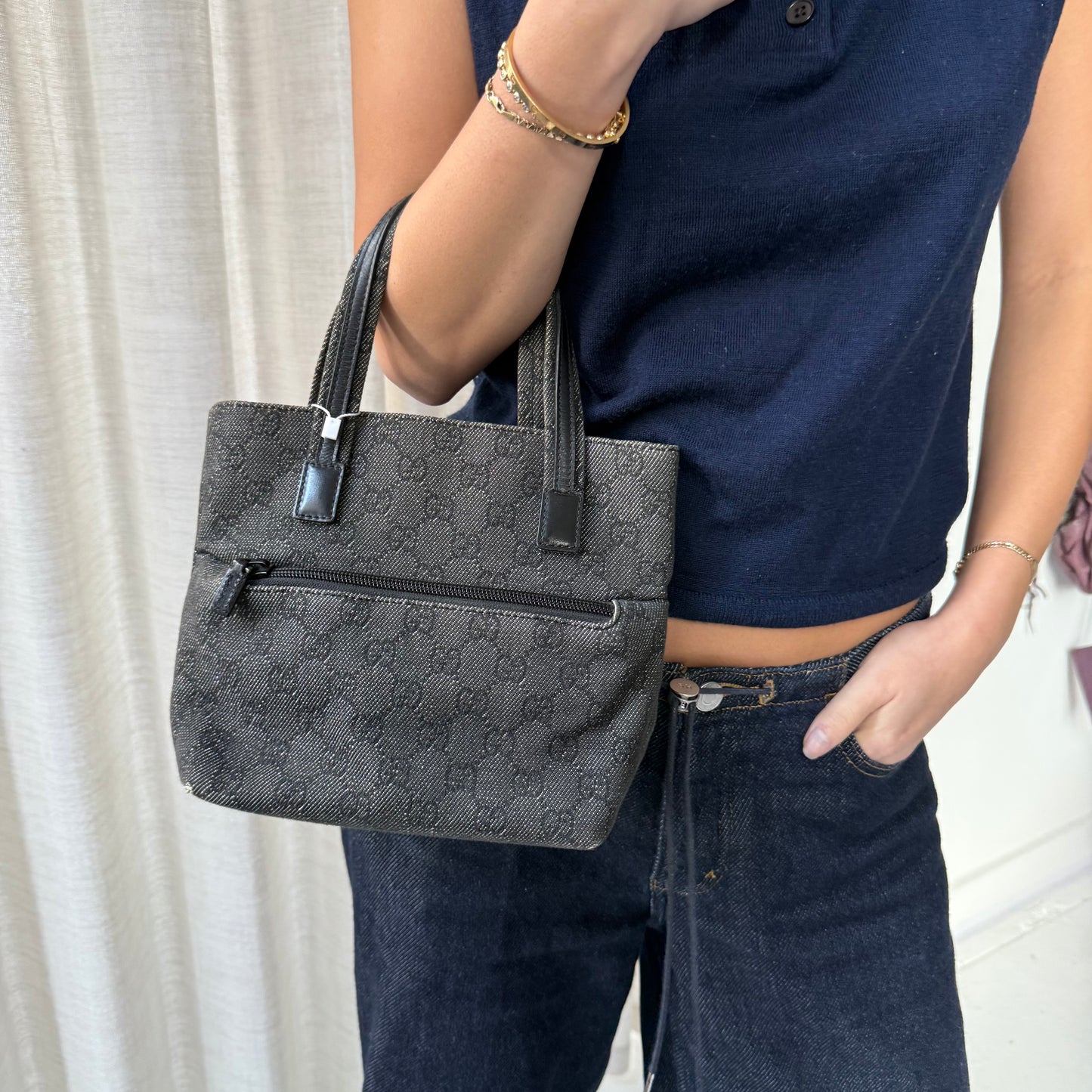 Gucci Black Monogram Denim Small Shoulder Tote Bag