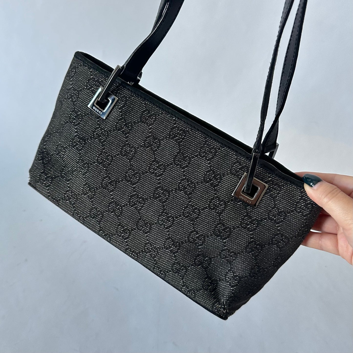 Gucci Black Denim Monogram Shoulder Bag w/ Leather Strap