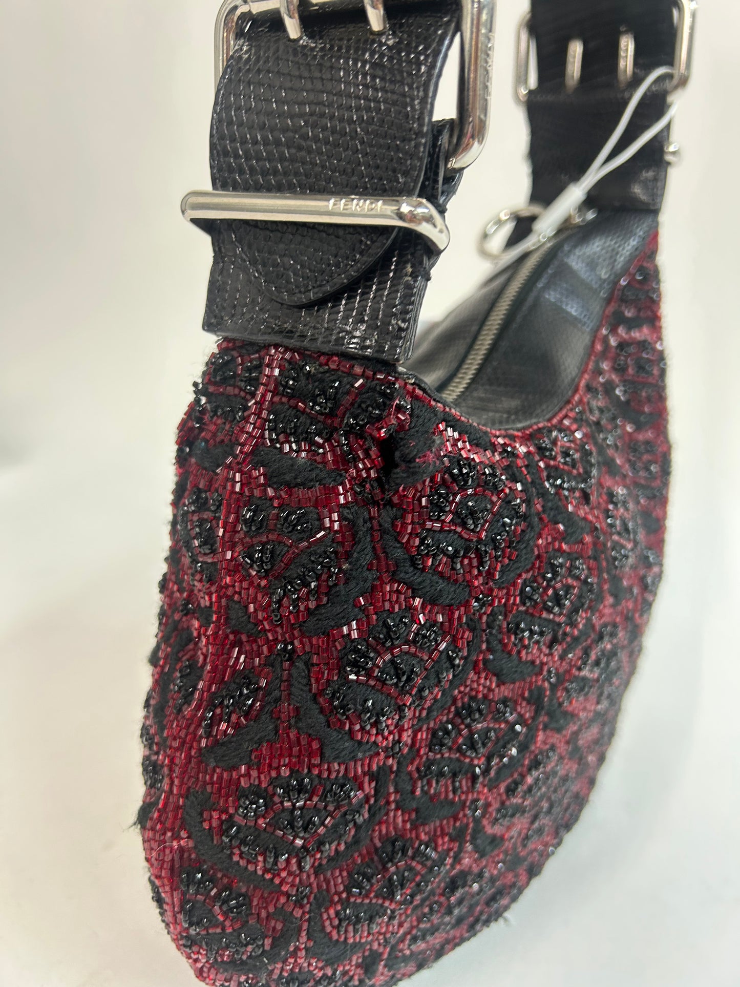 RARE Fendi Red Beaded Floral Oyster Bag w/ Lizard Trim