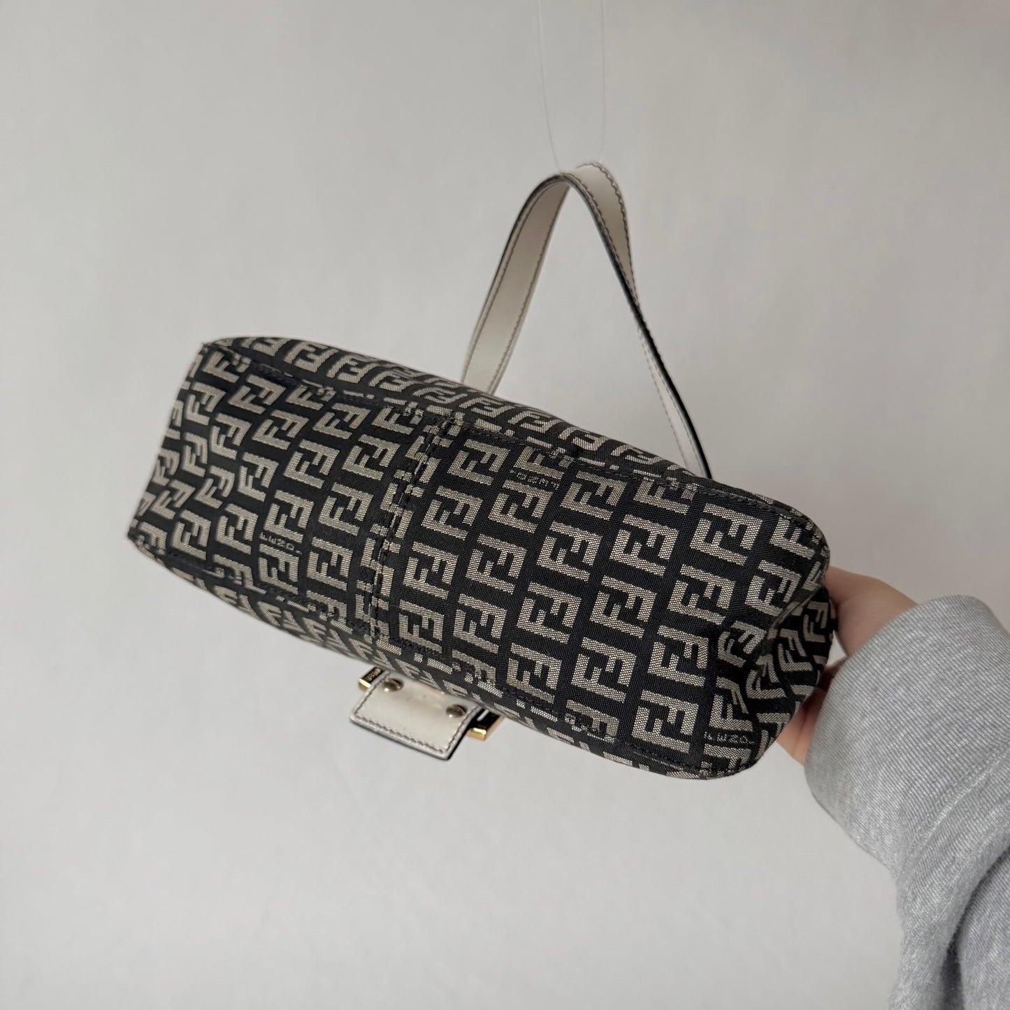 Fendi Zucchino & White Leather Baguette Shoulder Bag