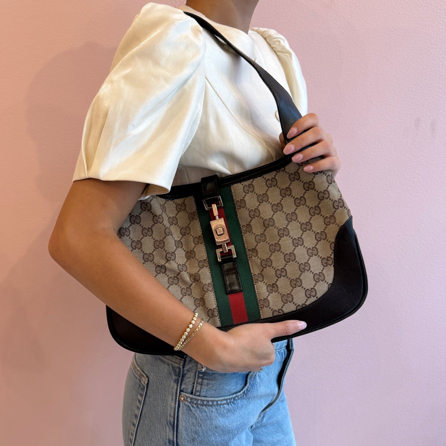 Gucci Brown & Black Canvas Monogram Jackie Shoulder Bag