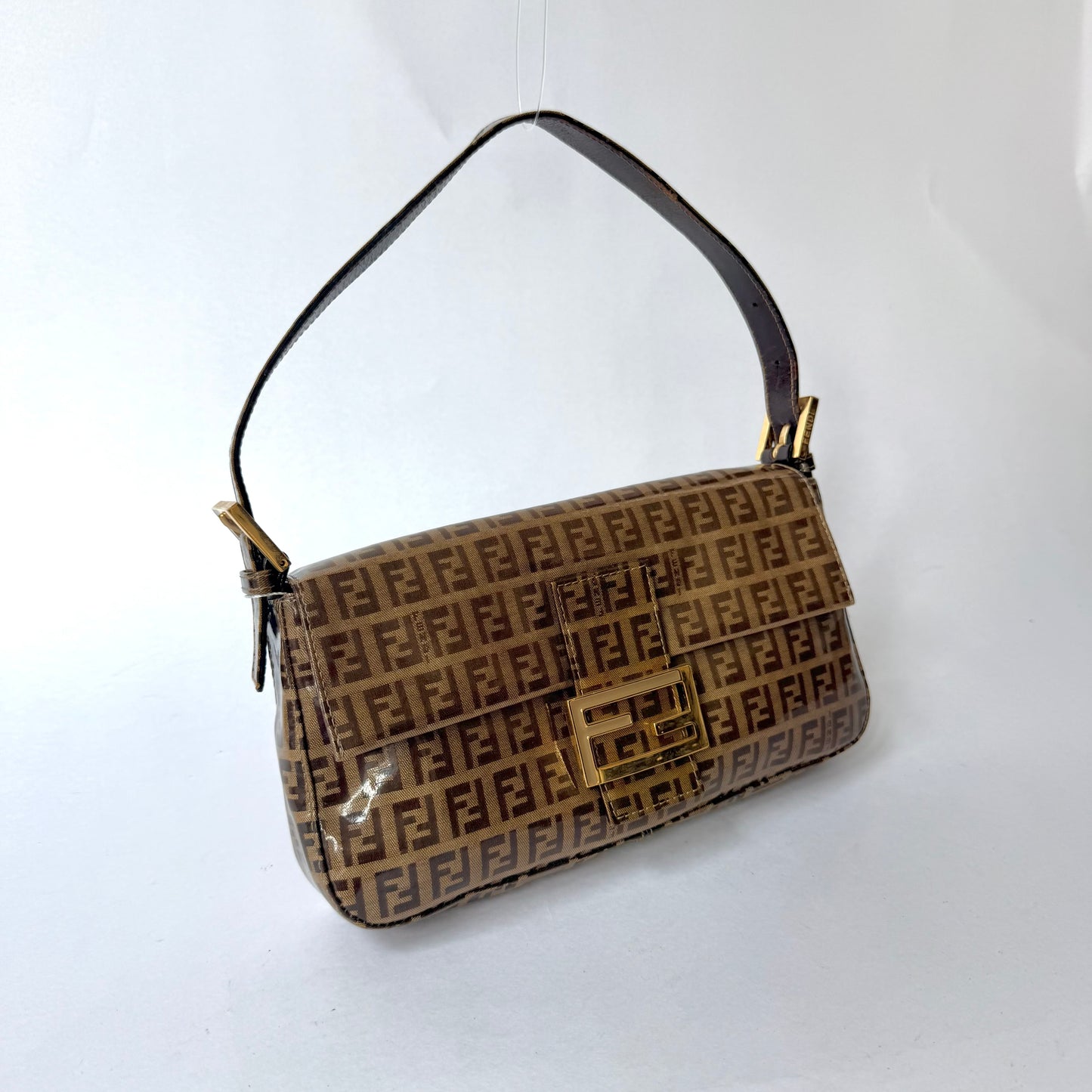 Fendi Brown Zucchino Patent Leather Baguette
