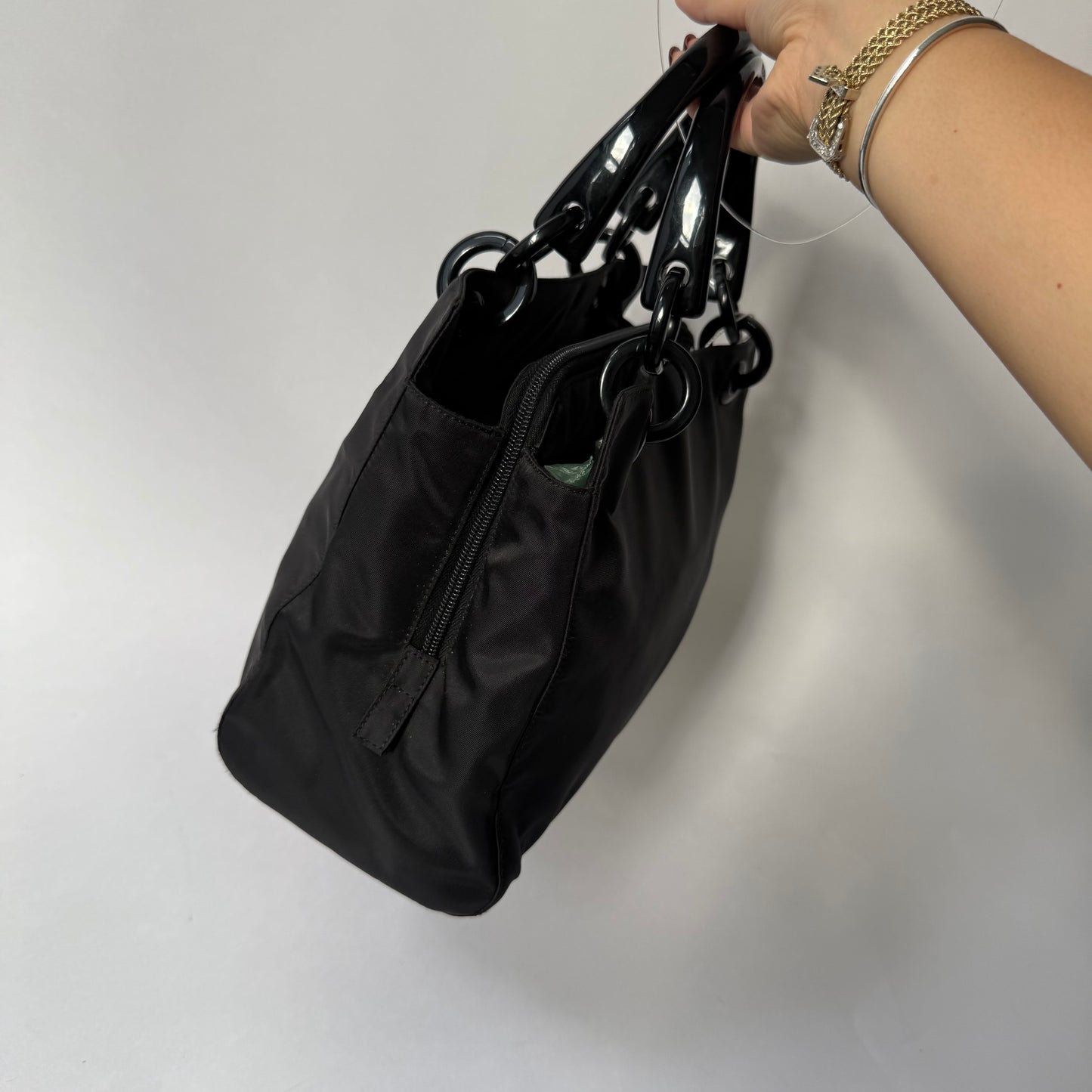 Prada Black Nylon Black Acrylic Handle Tote Bag