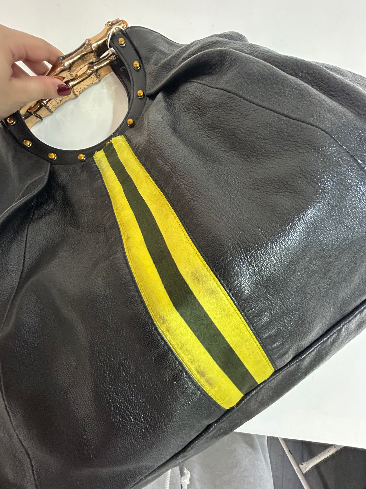 Gucci Black Yellow Striped Bamboo Handle Bag