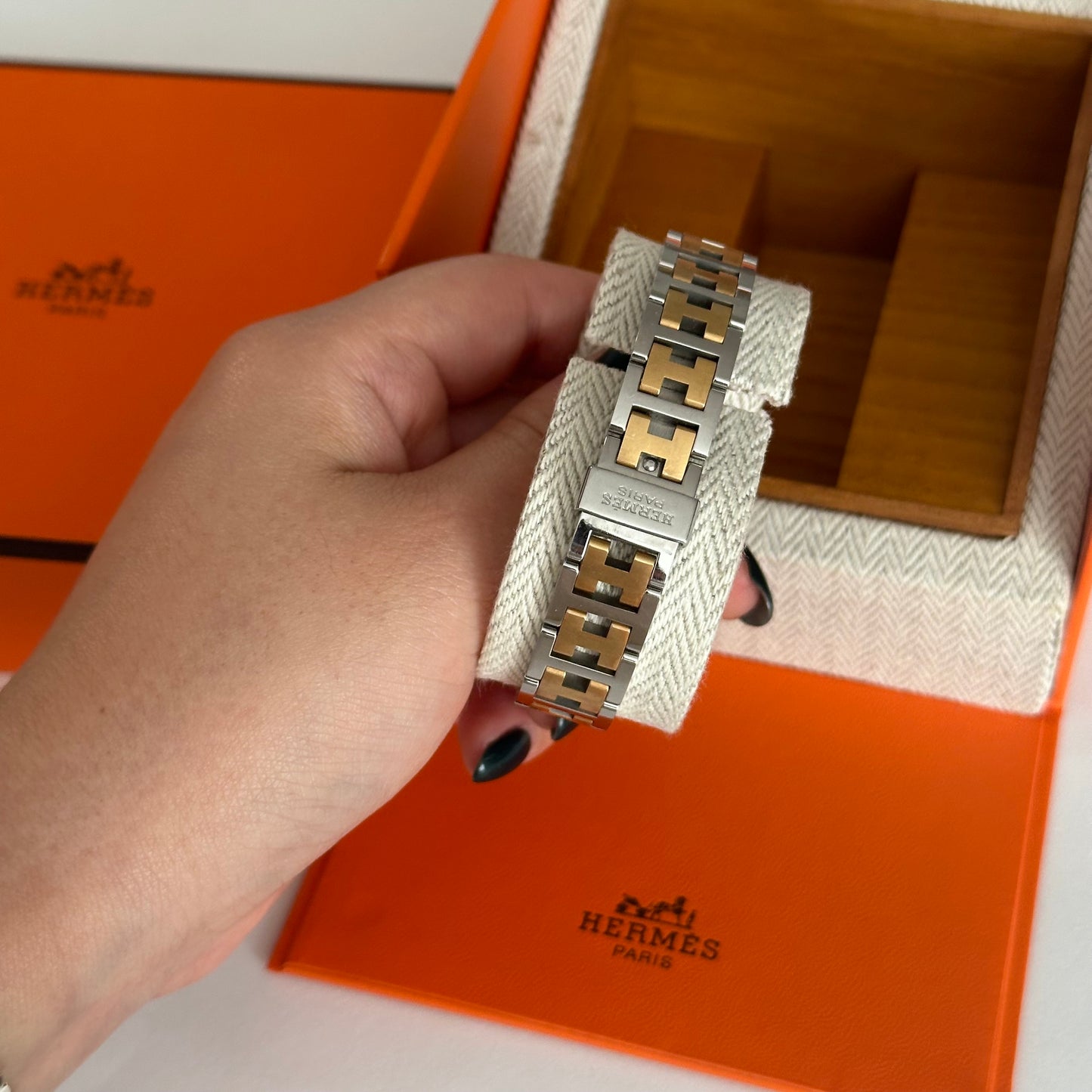 Hermes Croisiere Tank Gold Dial Two Tone Watch w/ Box