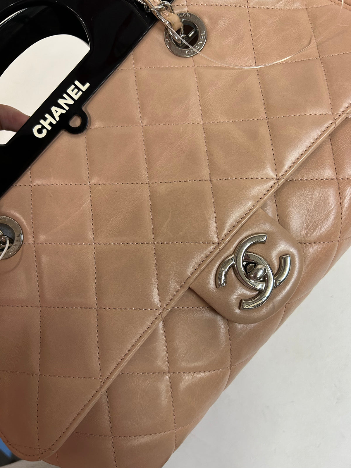 Chanel Beige Lambskin Quilted Acrylic Handle Delivery Flap