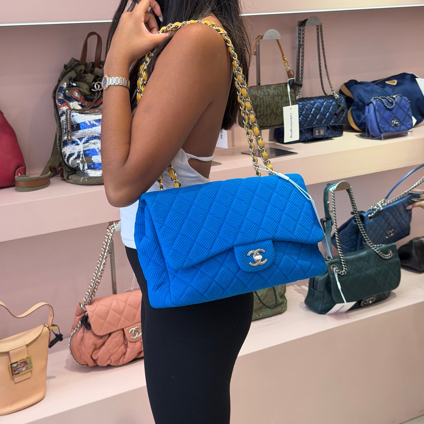 Chanel Blue & Yellow Coco Beach Mesh Leather Chain Jumbo Flap SHW