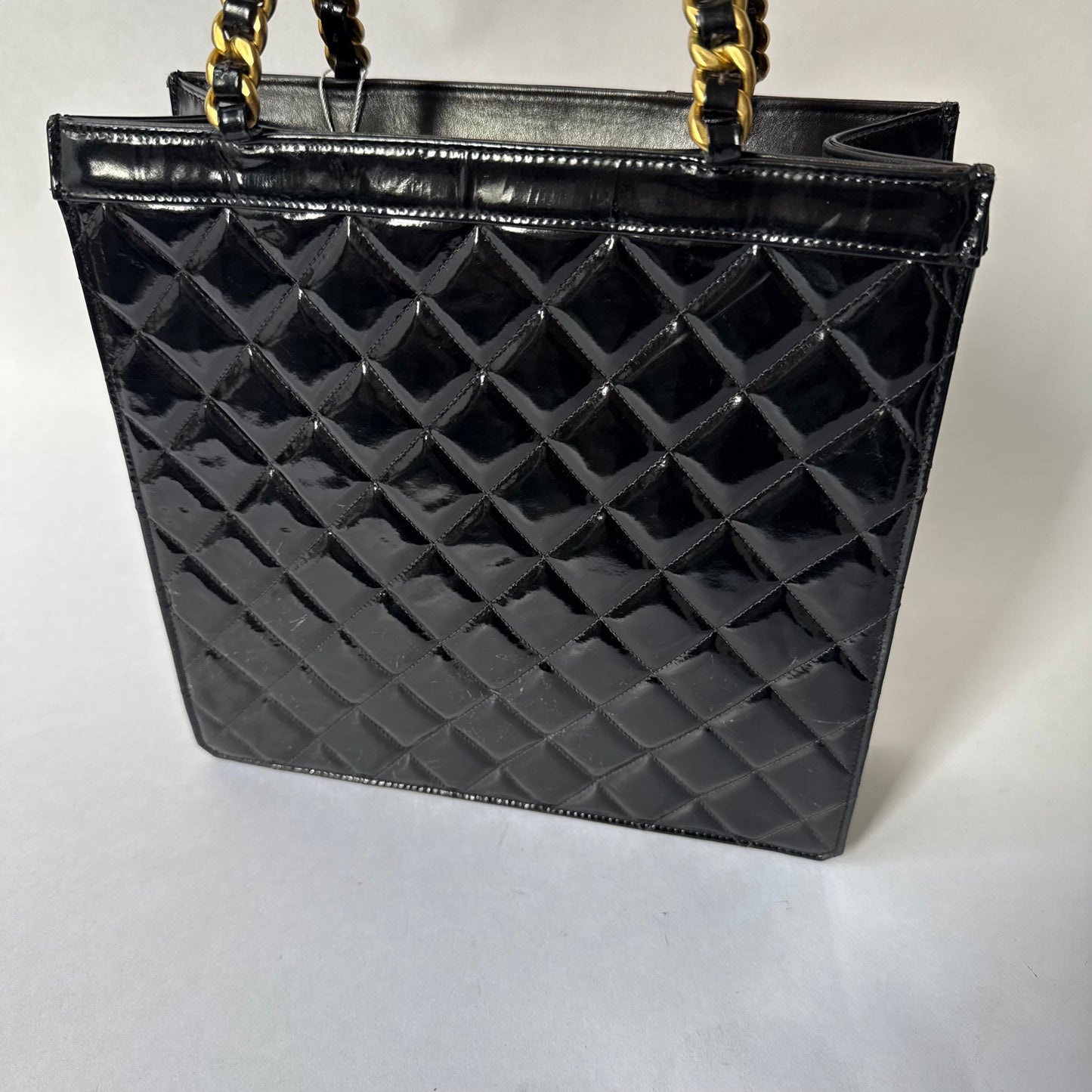 Chanel Black Patent Leather Quilted Top Handle Chain Tote