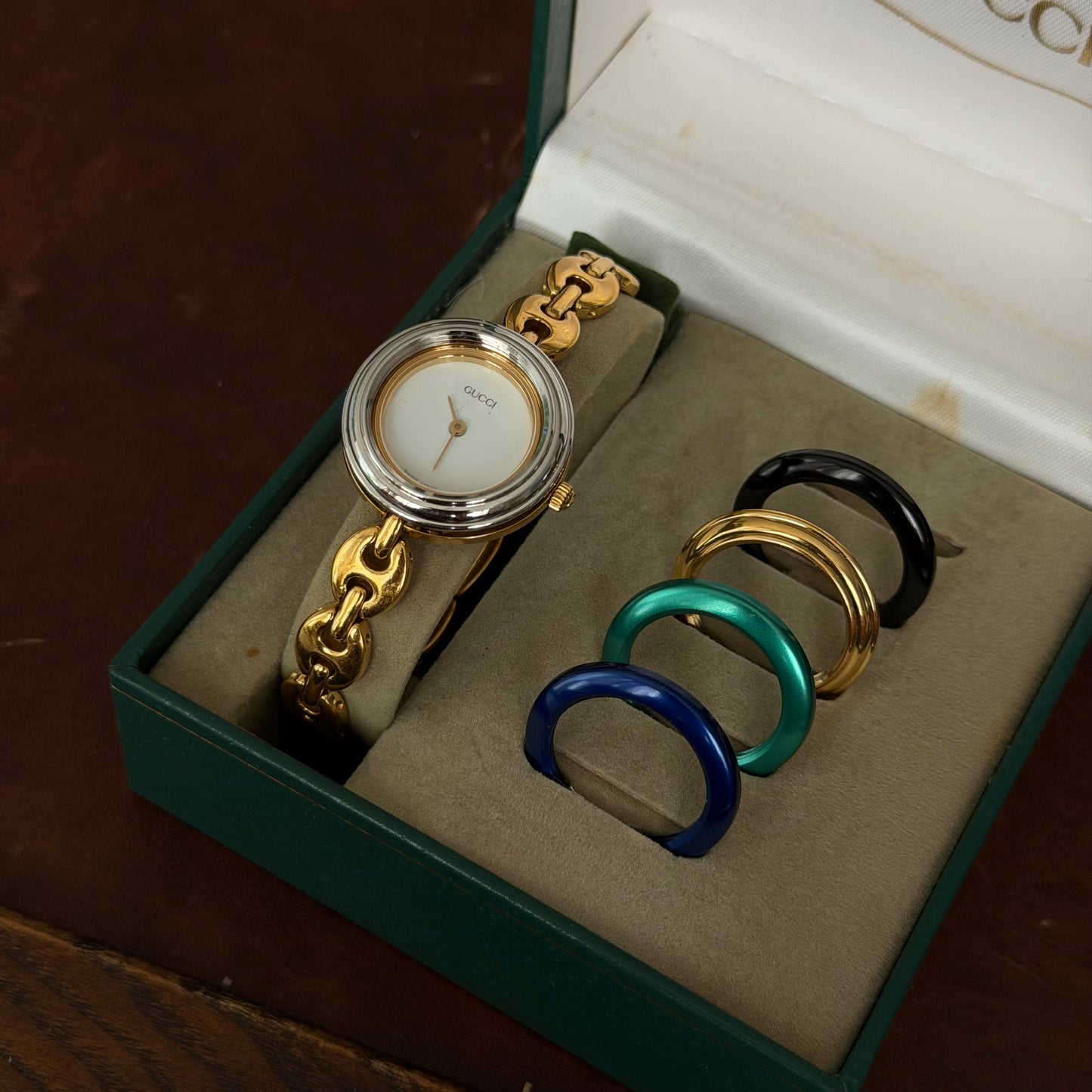 Gucci Gold Mariner Link White Dial Bezel Watch w/ 5 Bezels