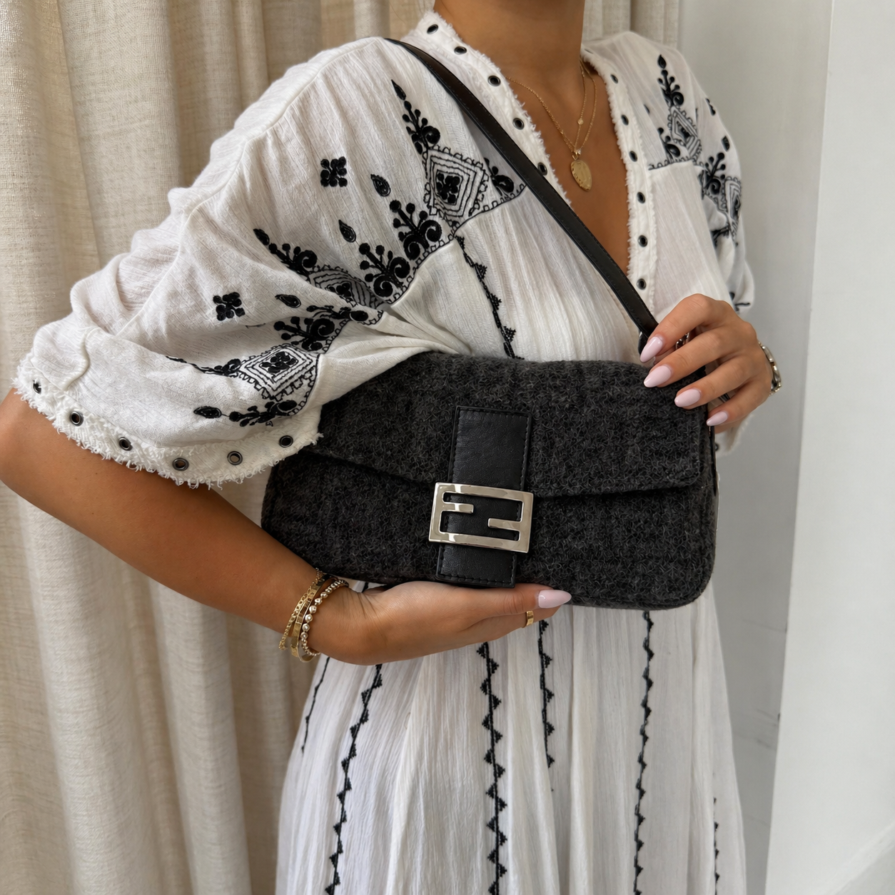 Fendi Gray Wool Zucca Fendi Baguette Shoulder Bag