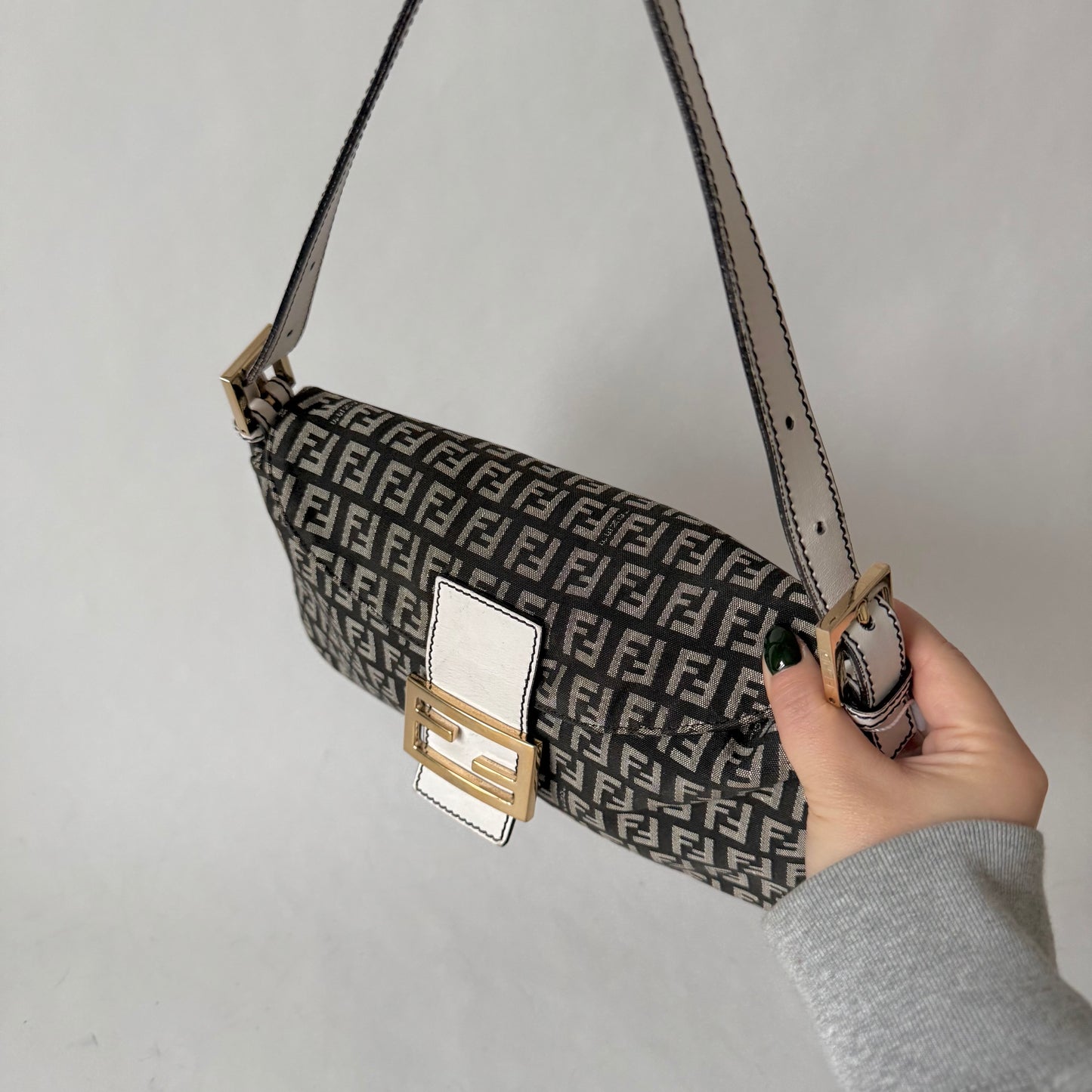 Fendi Zucchino & White Leather Baguette Shoulder Bag
