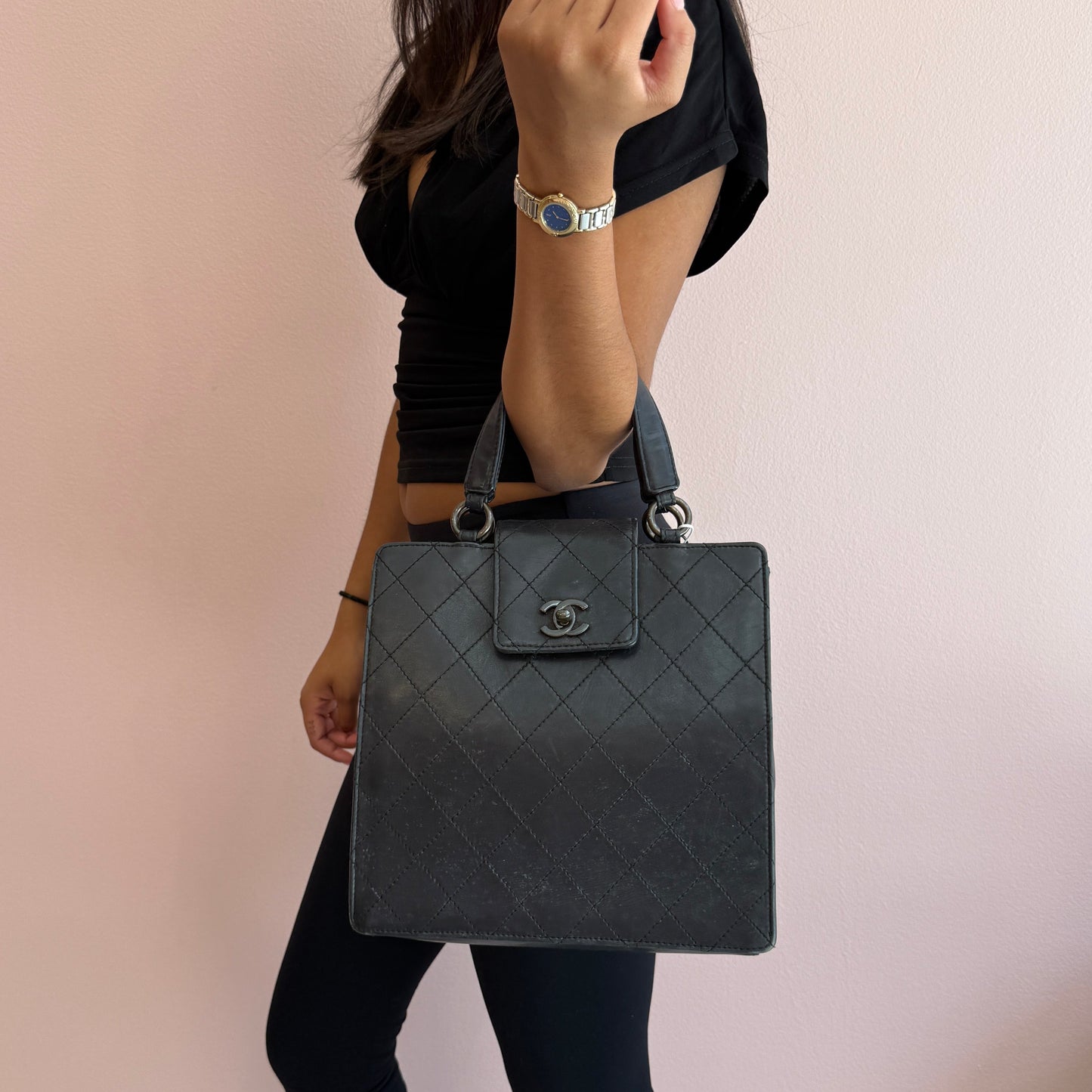 Chanel Black Lambskin Leather Quilted Tote Bag