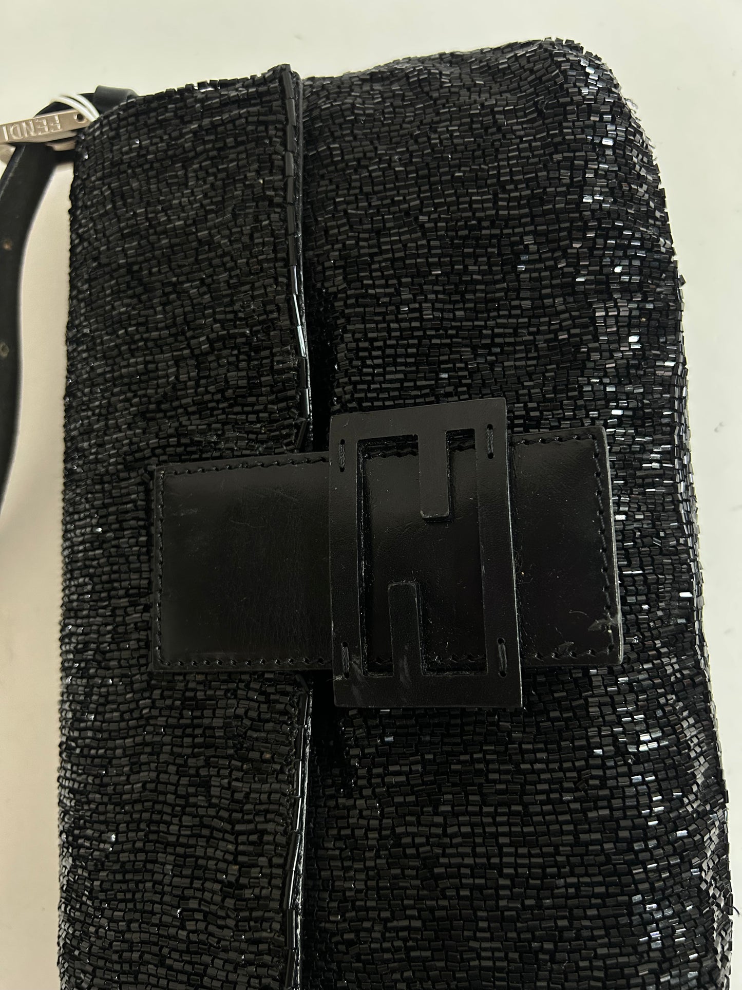 Fendi Black Beaded & Leather Baguette Shoulder Bag Black HW