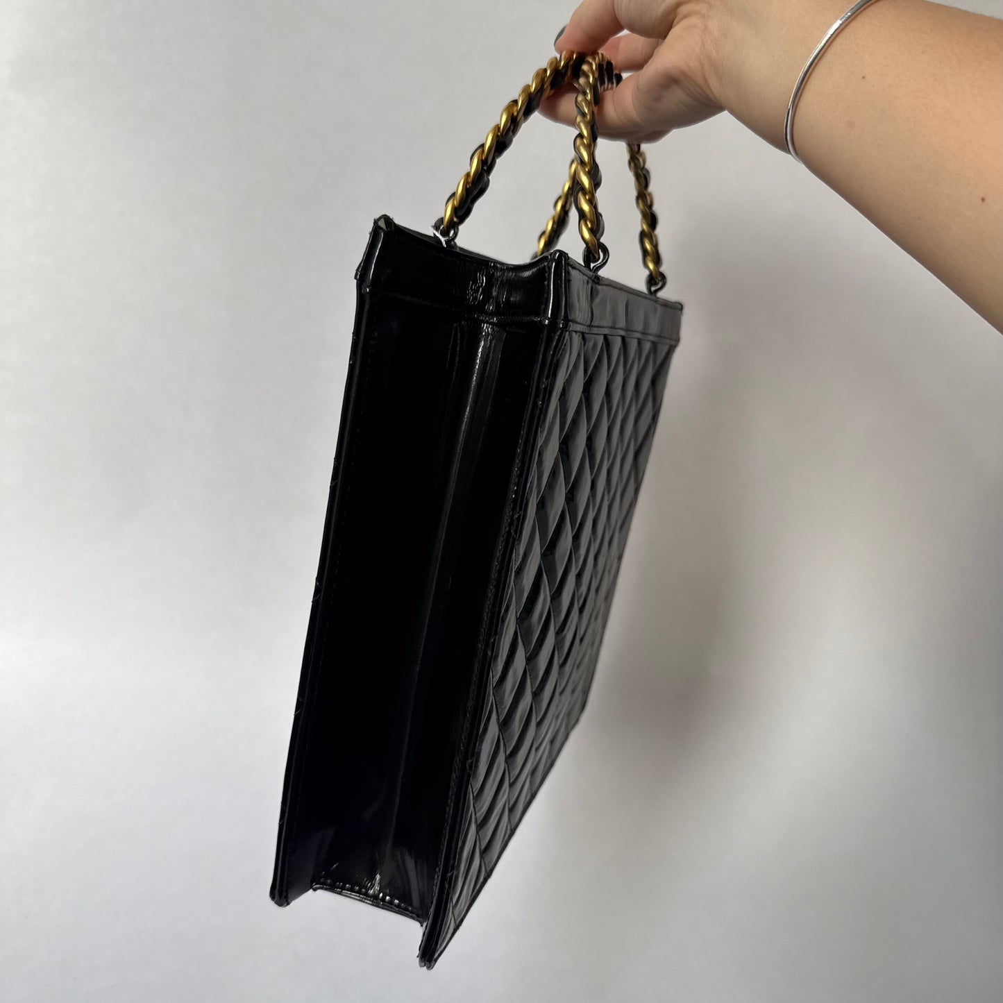 Chanel Black Patent Leather Quilted Top Handle Chain Tote