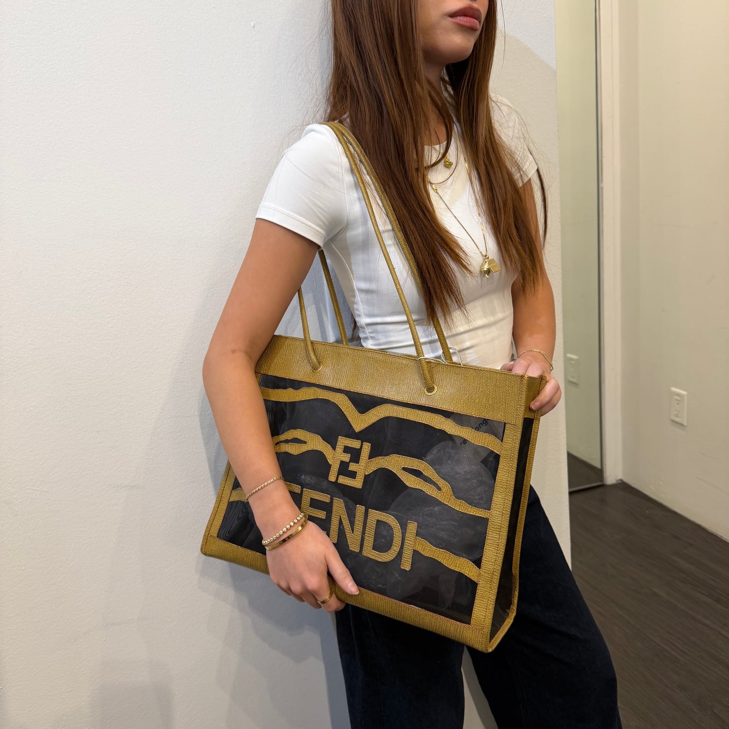 Fendi Mesh & Brown Coated Leather Tote Bag
