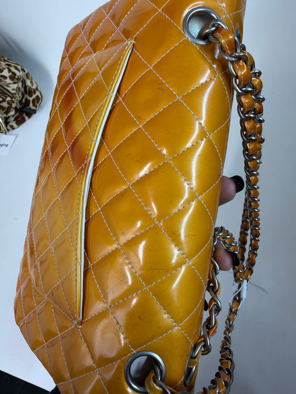 Chanel Orange Patent Leather Quilted Matelasse Double Flap Shoulder Bag