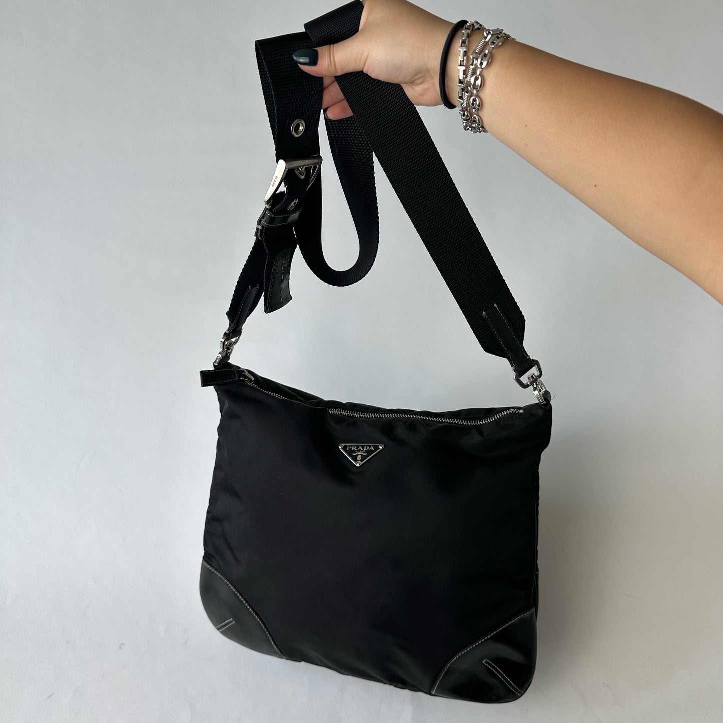 Prada Black Nylon Moto Crossbody Bag