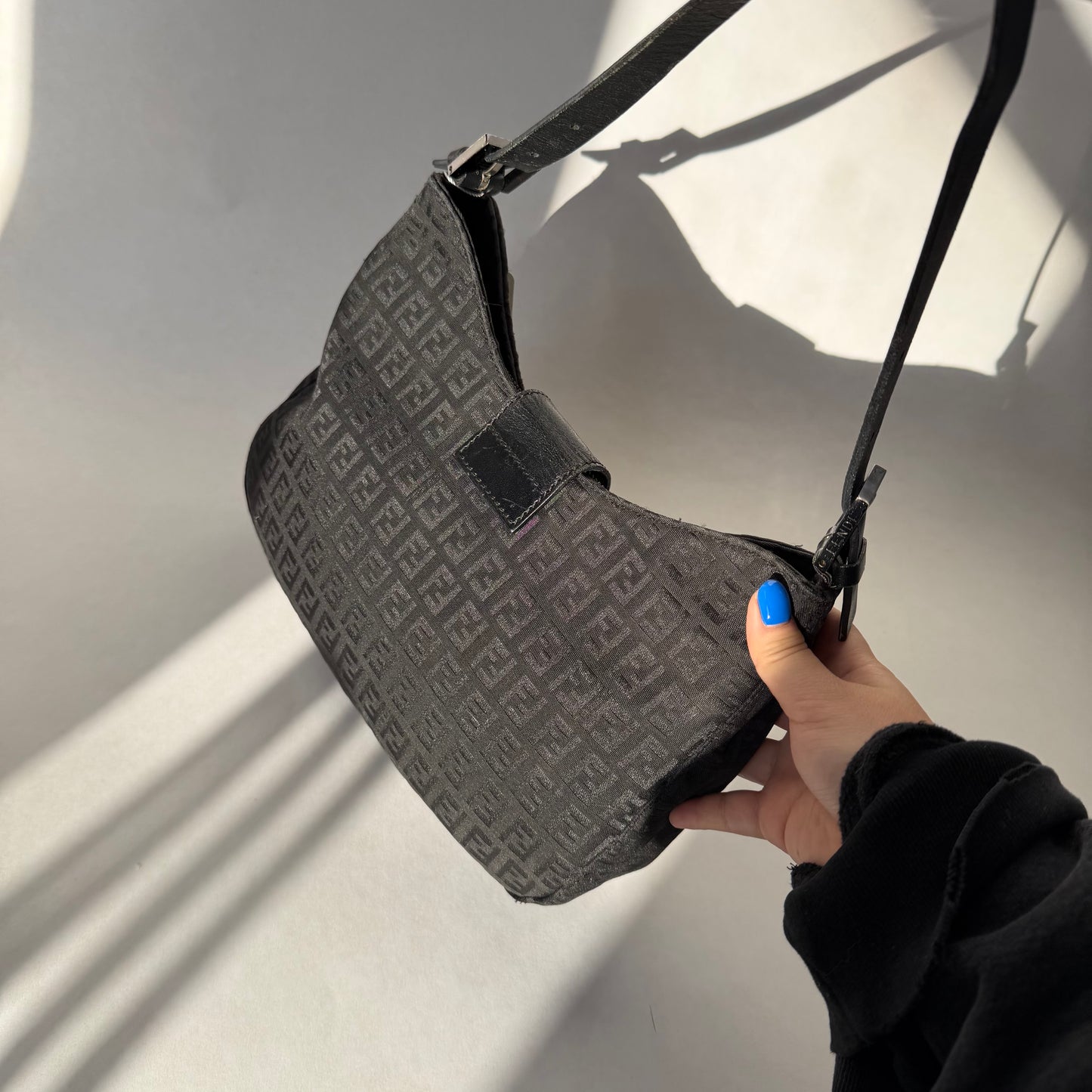 Fendi Black Zucchino Canvas Moon Hobo Bag