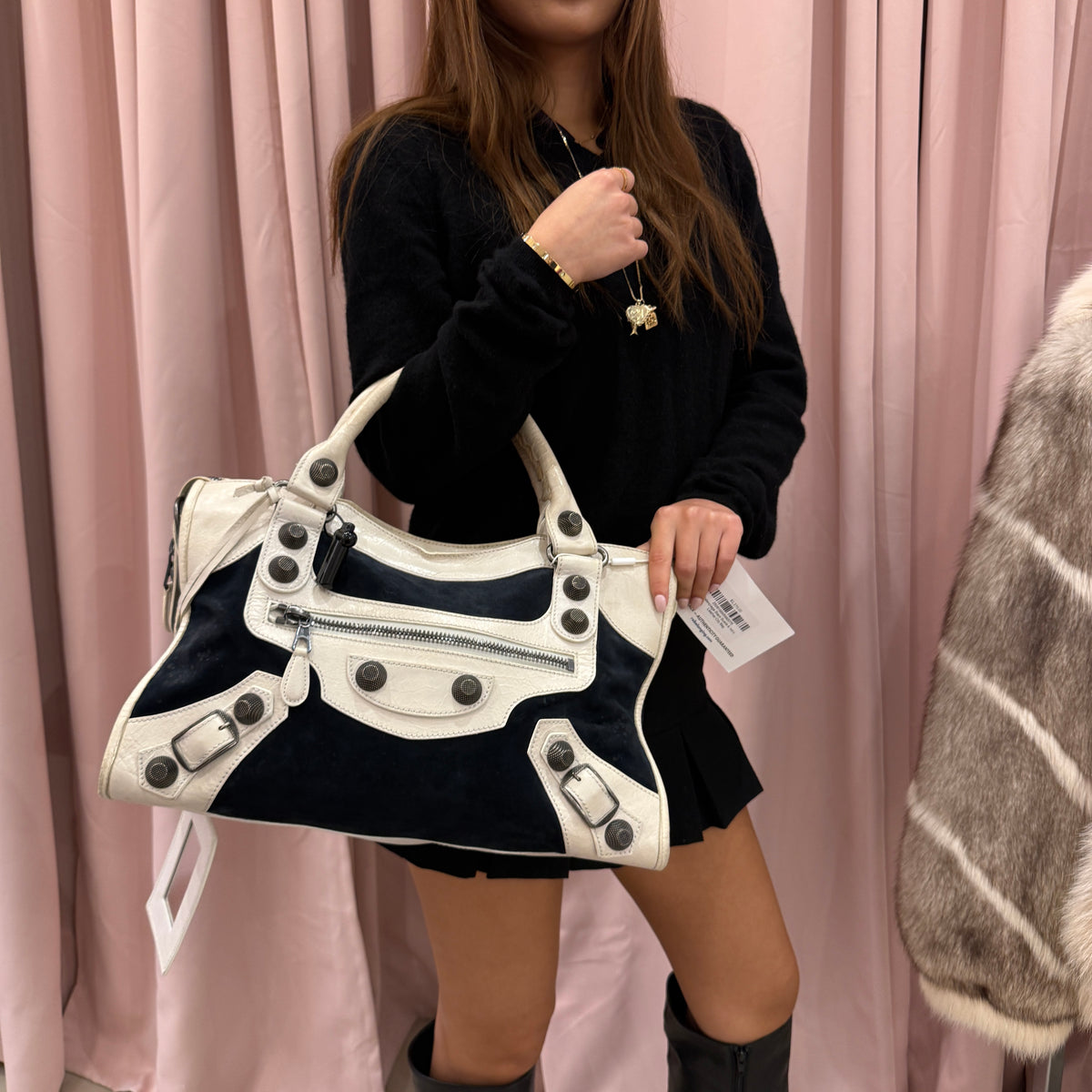 Balenciaga Black Suede & Ivory Leather City Bag