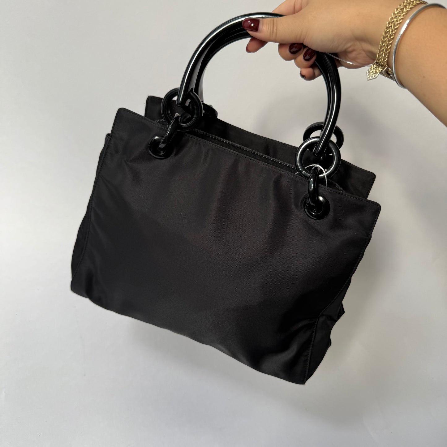 Prada Black Nylon Black Acrylic Handle Tote Bag