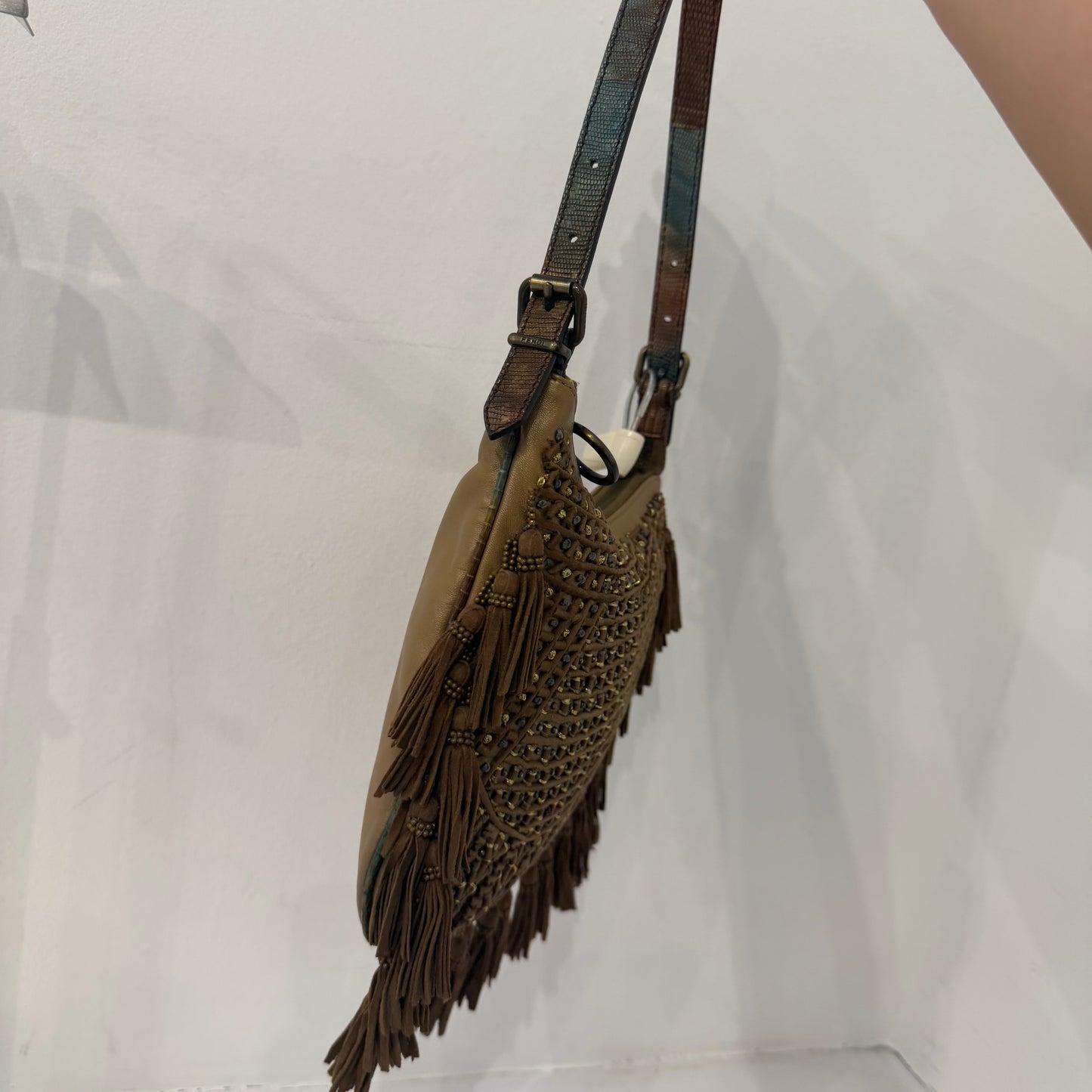 RARE Fendi Brown Suede Beaded Tassel Oyster Bag