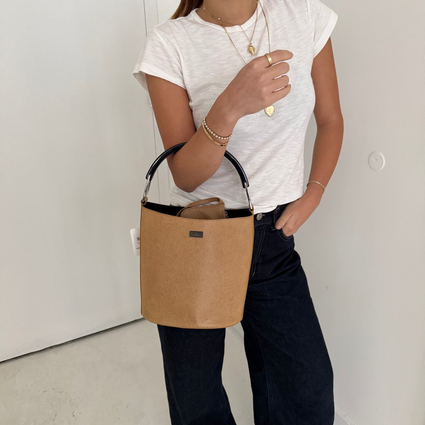 Gucci Brown Leather Bucket Bag w/ Acrylic Handle