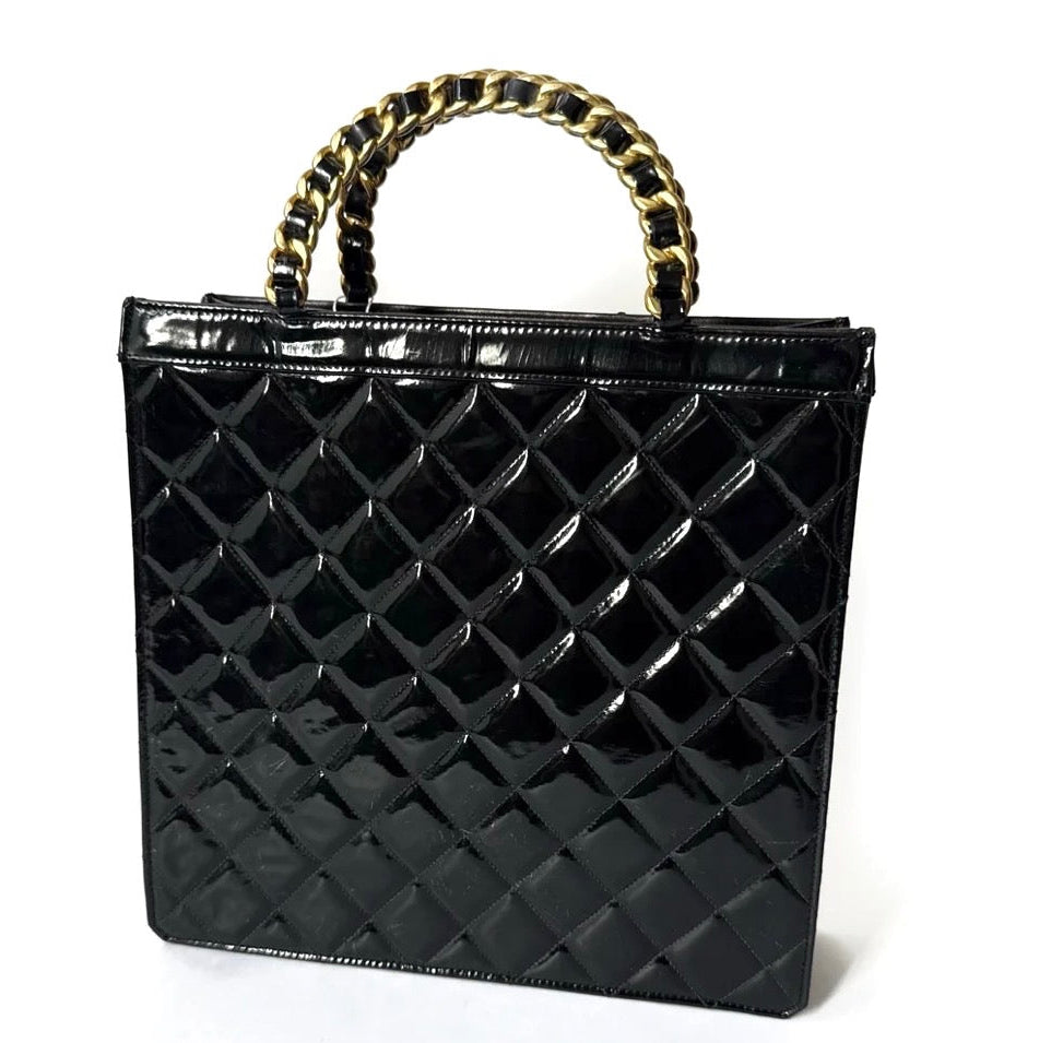 Chanel Black Patent Leather Quilted Top Handle Chain Tote