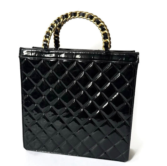 Chanel Black Patent Leather Quilted Top Handle Chain Tote