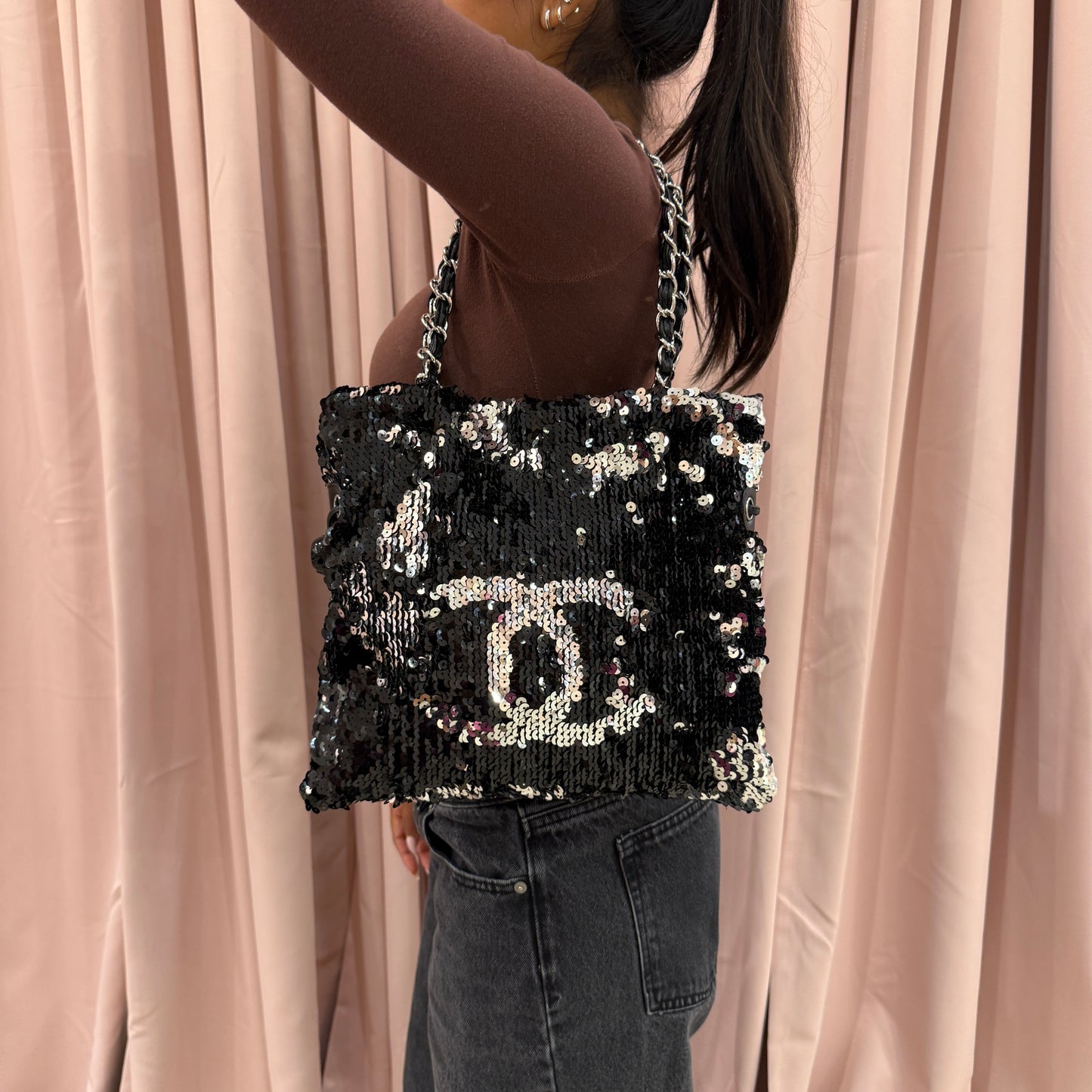 Chanel Black & Silver Sequin Chain Tote Bag