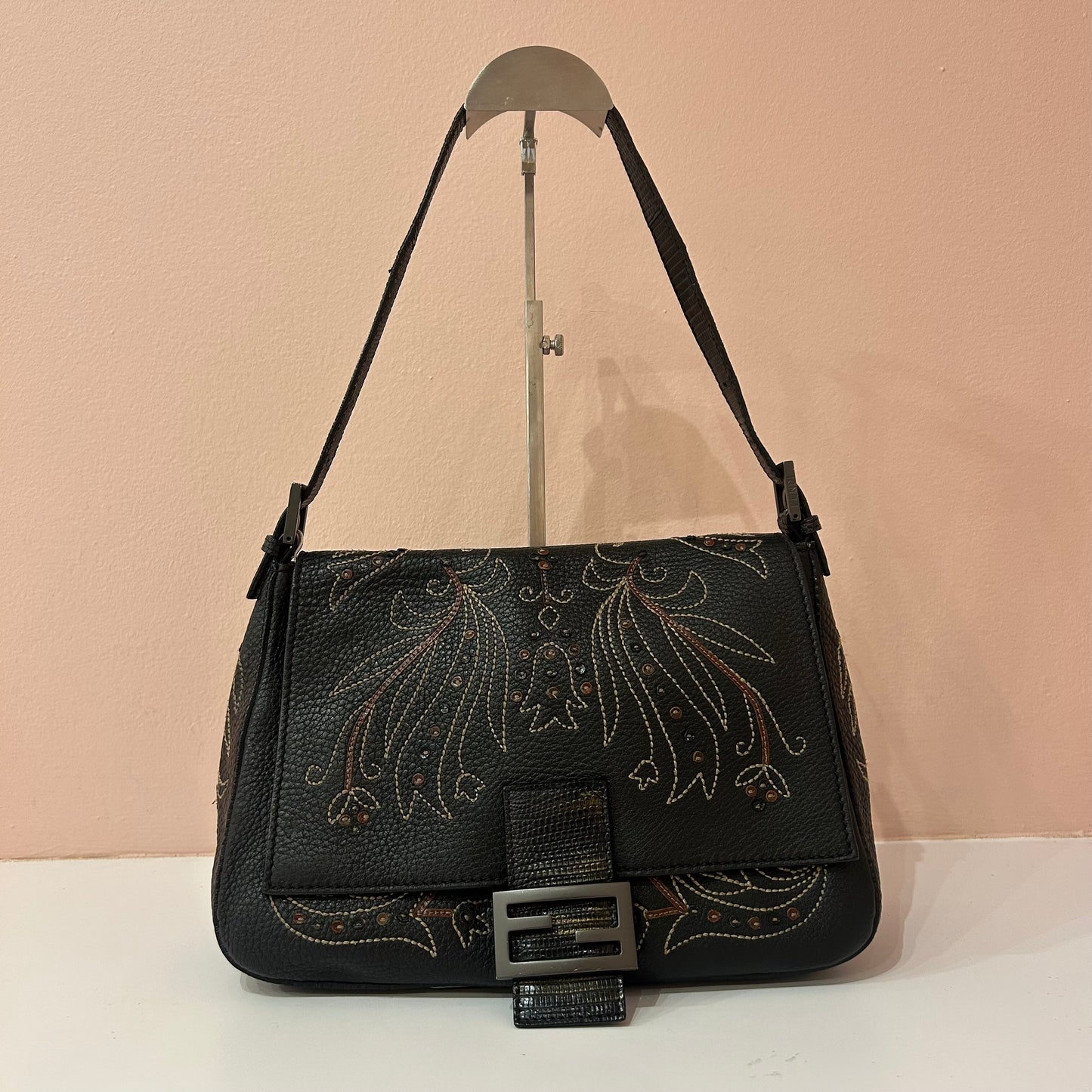 Fendi Dark Brown Pebbled Leather Lizard Trim Stitched Detail Mama Baguette