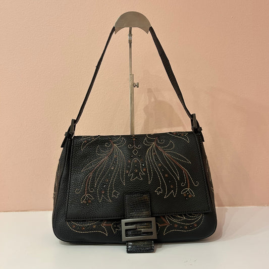 Fendi Dark Brown Pebbled Leather Lizard Trim Stitched Detail Mama Baguette