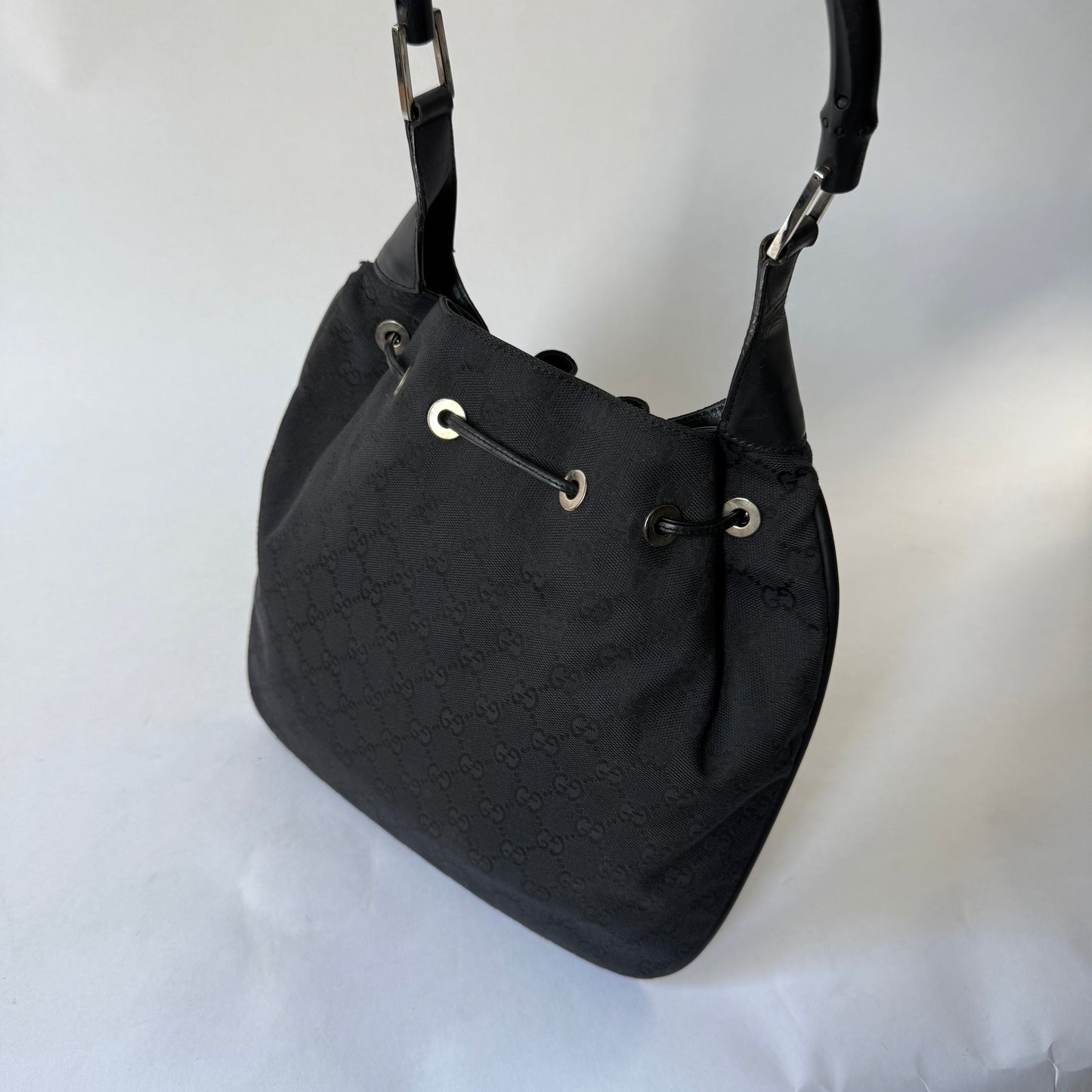 Gucci Black Monogram Bamboo Handle Tote Bag