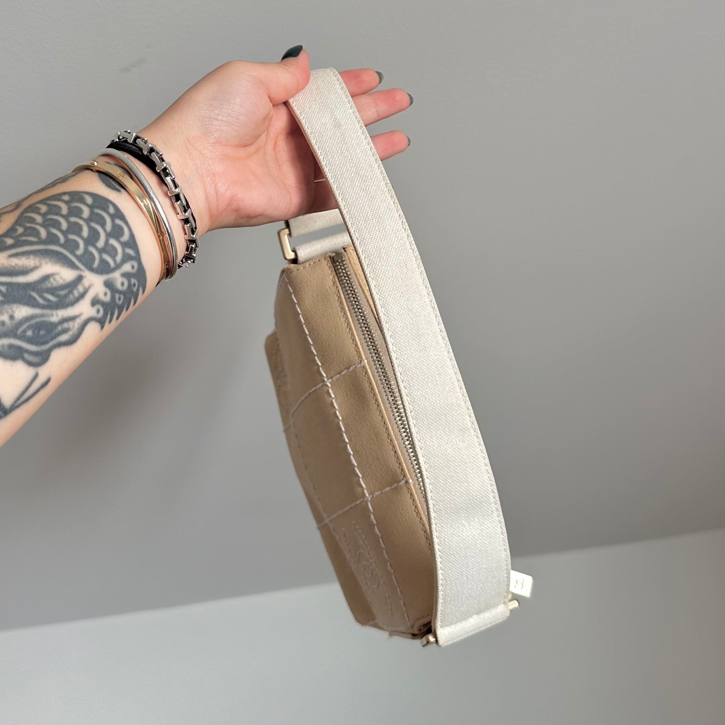 Chanel Beige Canvas Chocolate Bar Mini Pochette